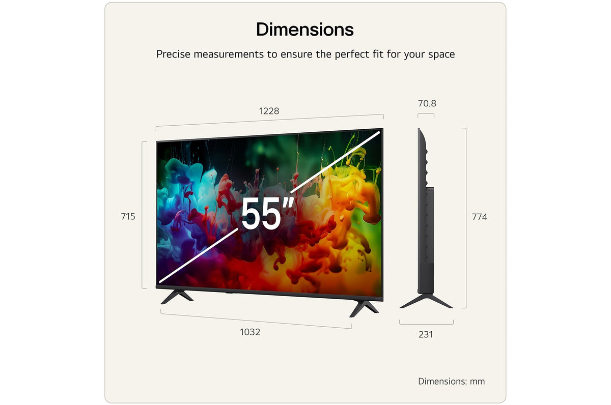 LG 55" QNED72 QNED AI Mini LED 4K Smart TV (2026) - dimensions