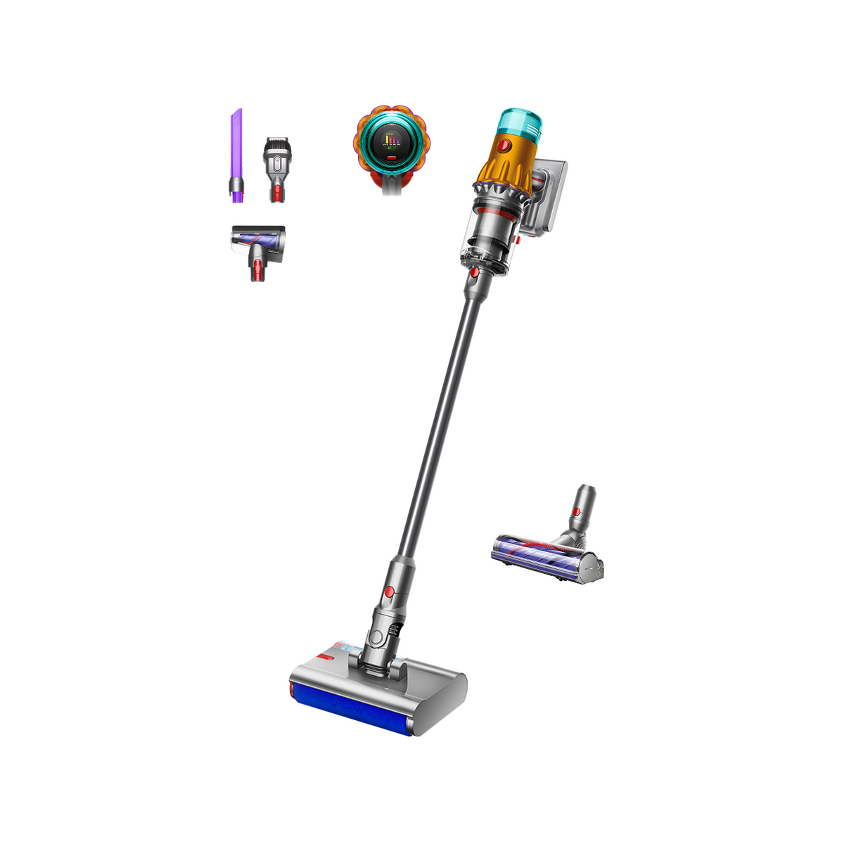 Dyson V12s Detect Slim Submarine Wet & Dry Cordless Vacuum Cleaner - Yellow/Nickel - front view with tools