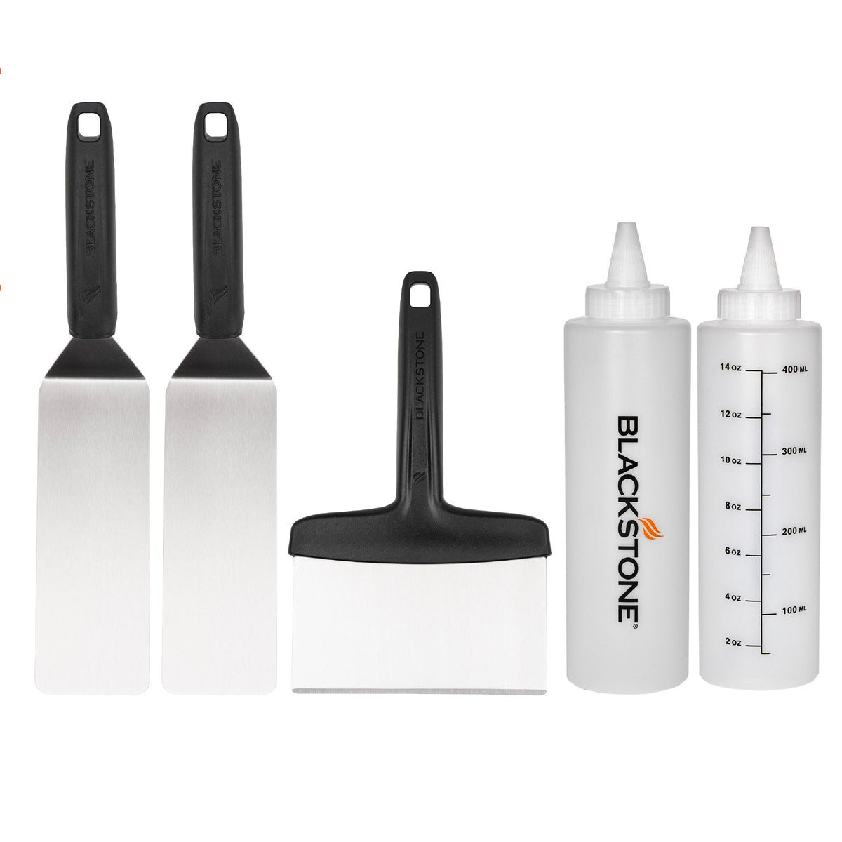 Blackstone 5 Piece Griddle Toolkit - two spatulas, scraper and squeeze bottles