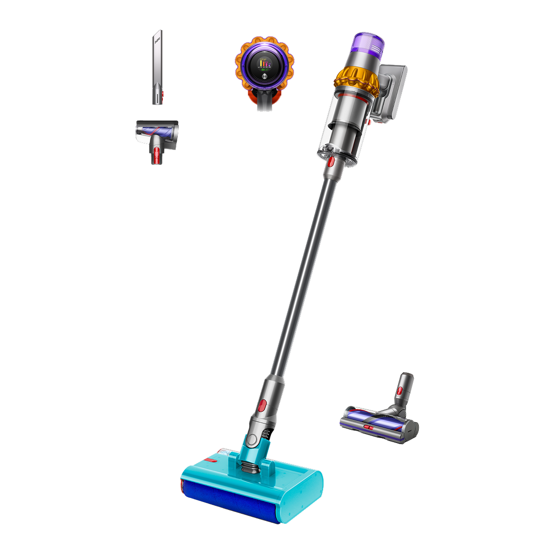 Dyson V15s Detect Submarine Wet & Dry Cordless Vacuum Cleaner - Yellow/Nickel - front view with tools