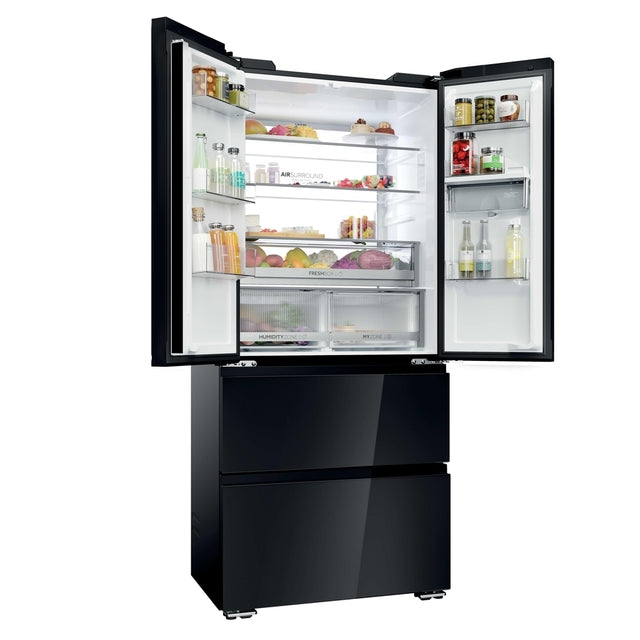 Haier FD 83 Series 7 466L French Door Fridge Freezer with Water Dispenser - Black - doors open