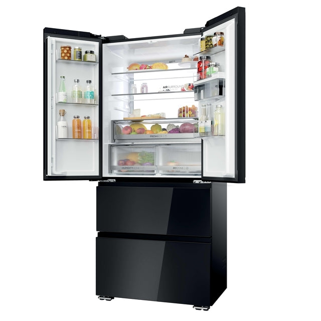Haier FD 83 Series 7 466L French Door Fridge Freezer with Water Dispenser - Black - doors open
