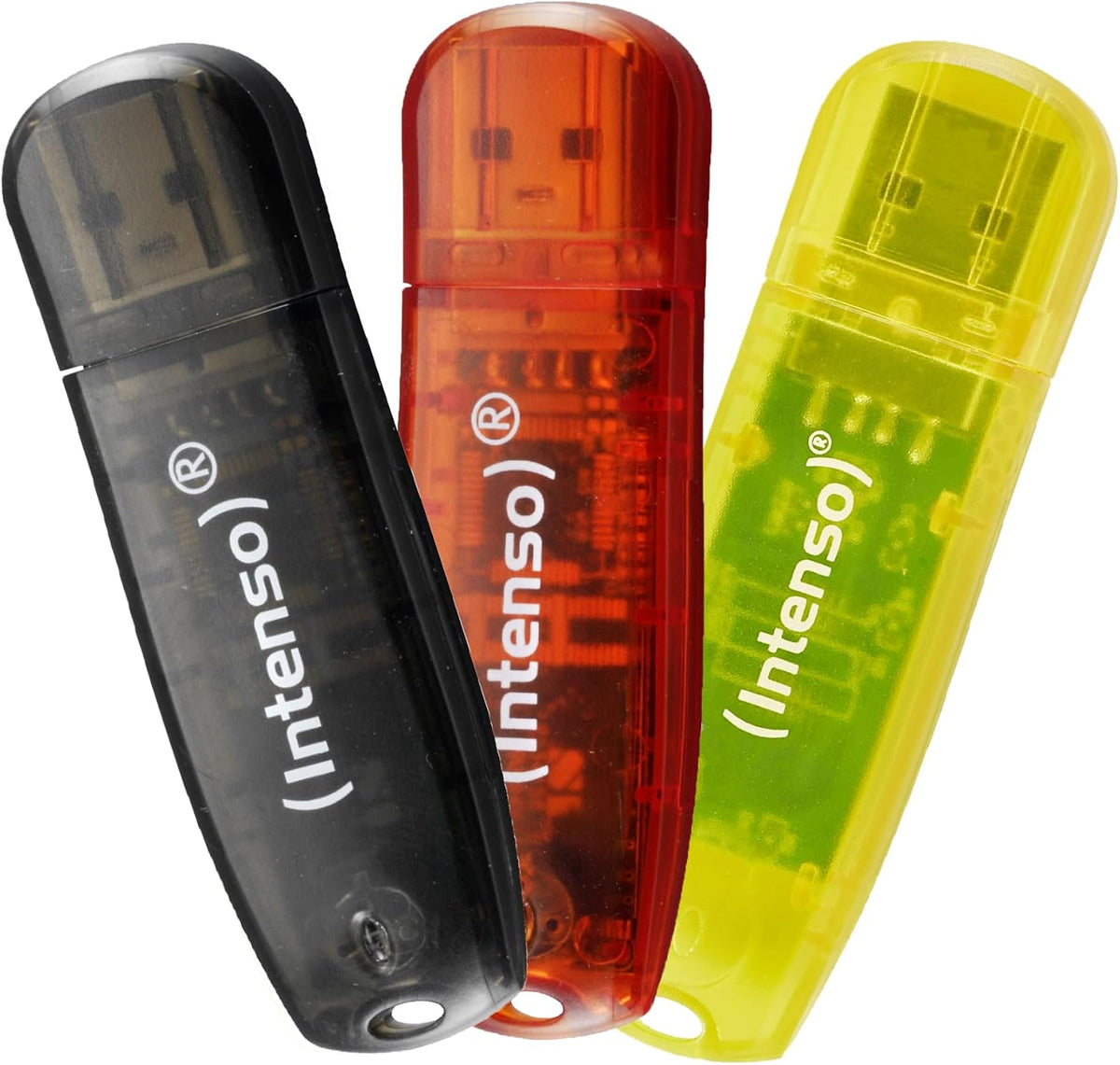 Intenso Rainbow Line 32GB USB 2.0 Flash Drive, 3 Pack - Yellow, Red & Black - front view