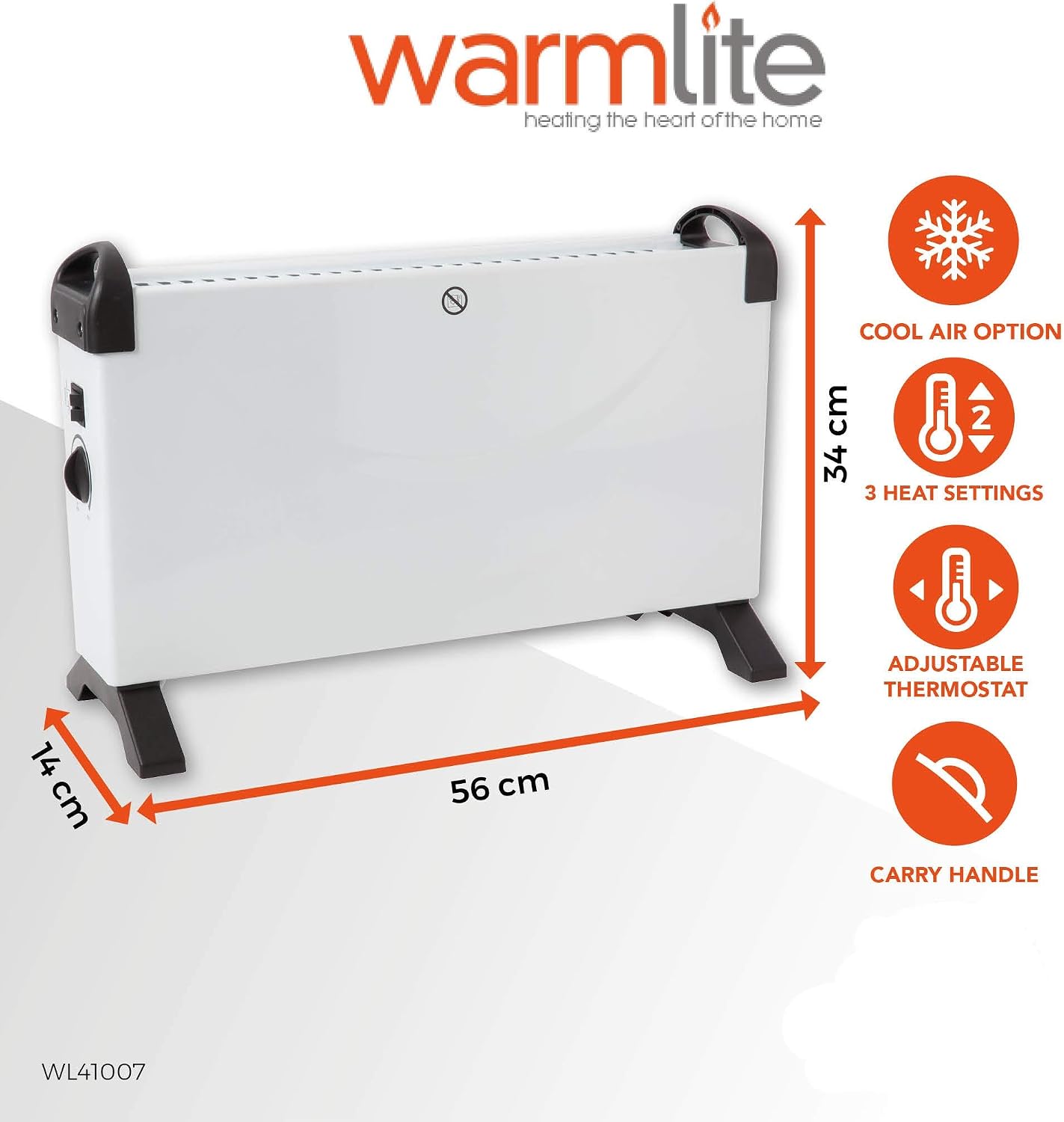 Warmlite WL41007 convection heater feature and size graphic