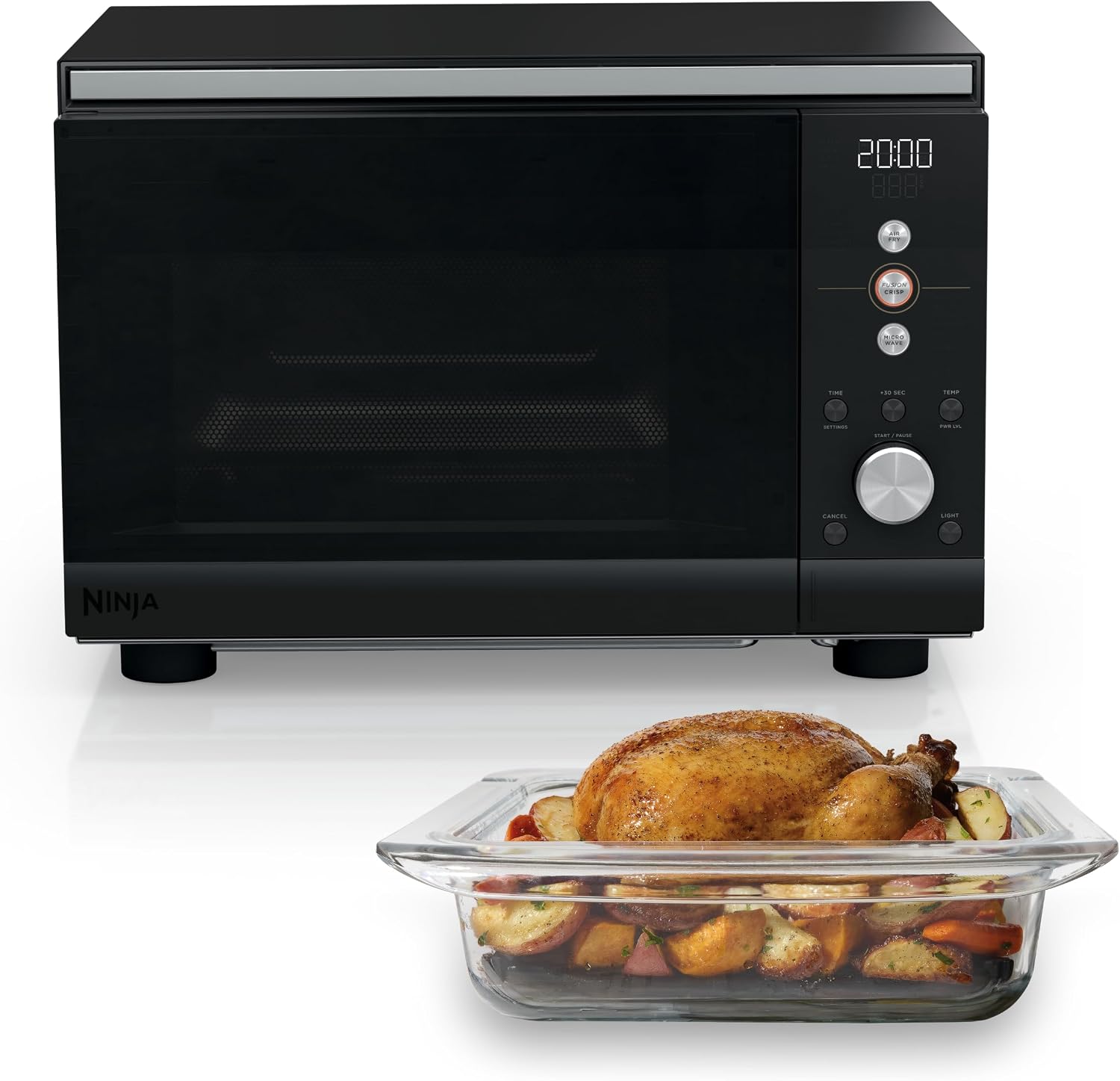 Ninja Crispi Microwave and Air Fryer, Black, MW101BK1 — front view with roast chicken