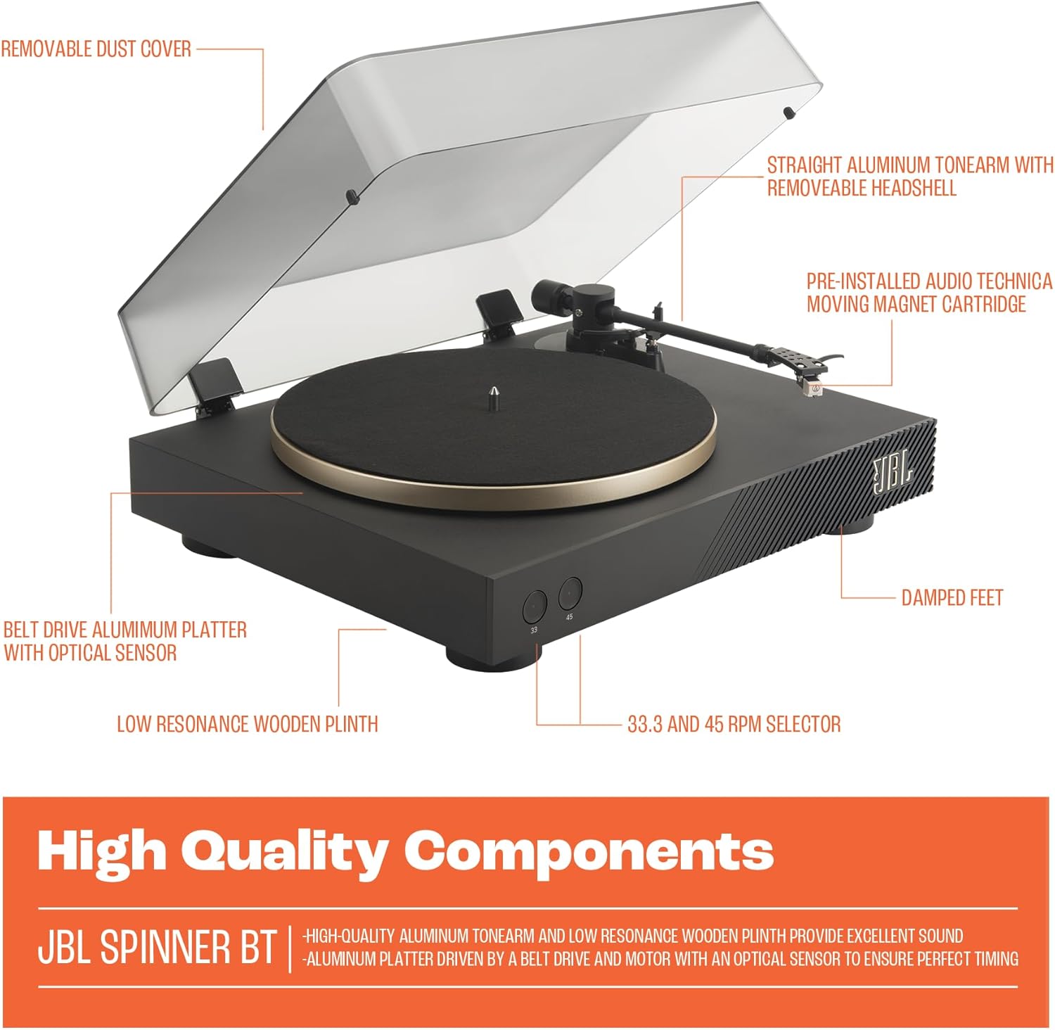 JBL Spinner Bluetooth Turntable Vinyl Record Player Black/Gold | JBLSPINNERBTGLDEU