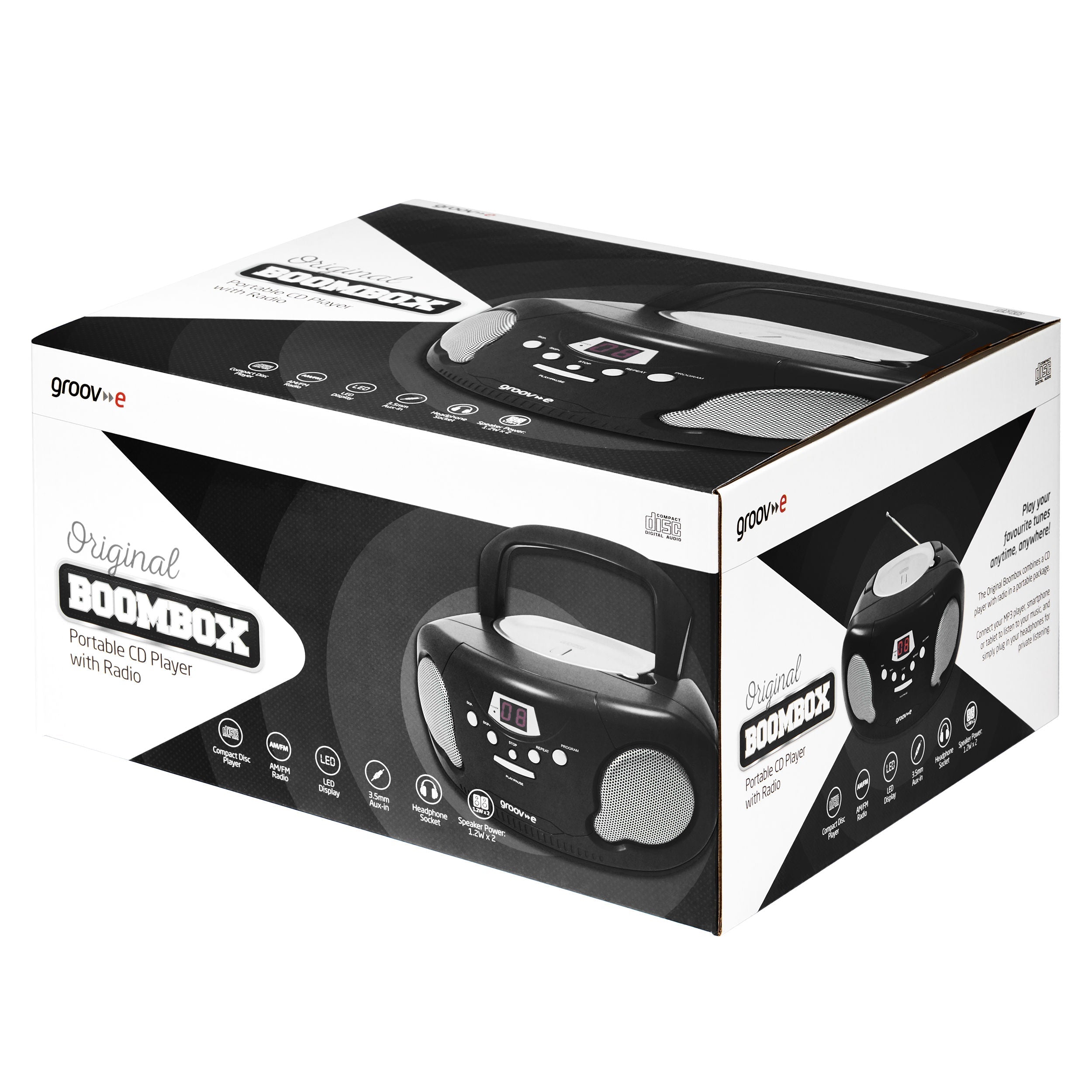 Groov-e Original Boombox CD Player with AM/FM Radio Black - official product image