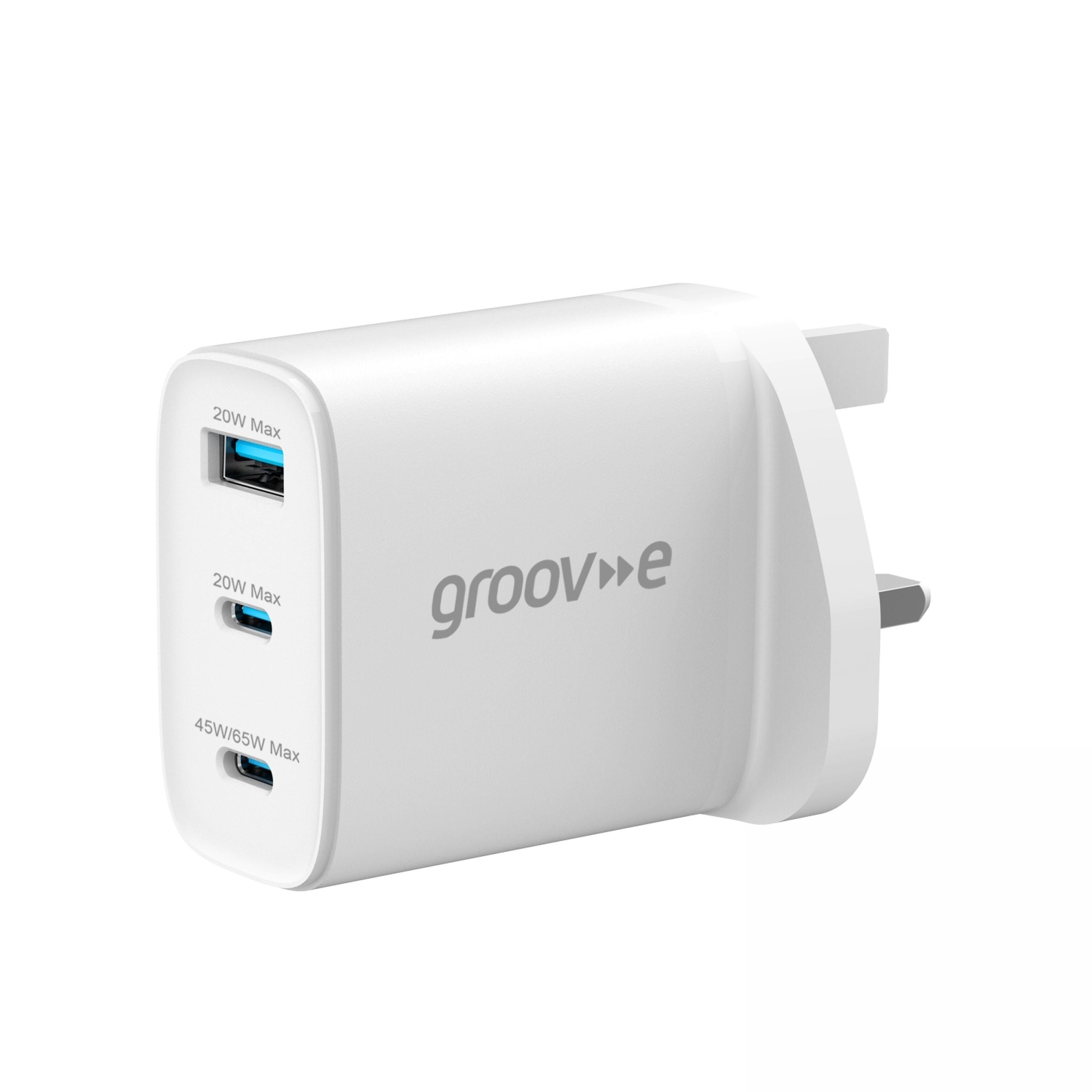 Groov-e 65W 3-Port GaN Wall Charger White - official product image