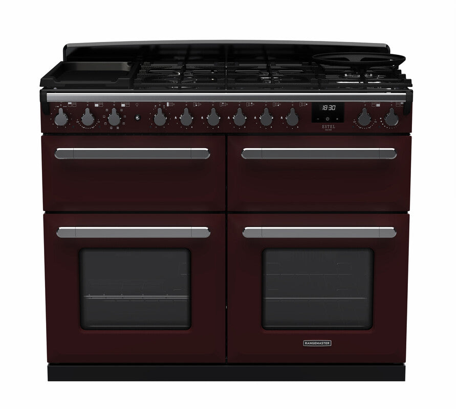 Rangemaster Estel Deluxe 110 Dual Fuel range cooker in Bordeaux with Chrome trim