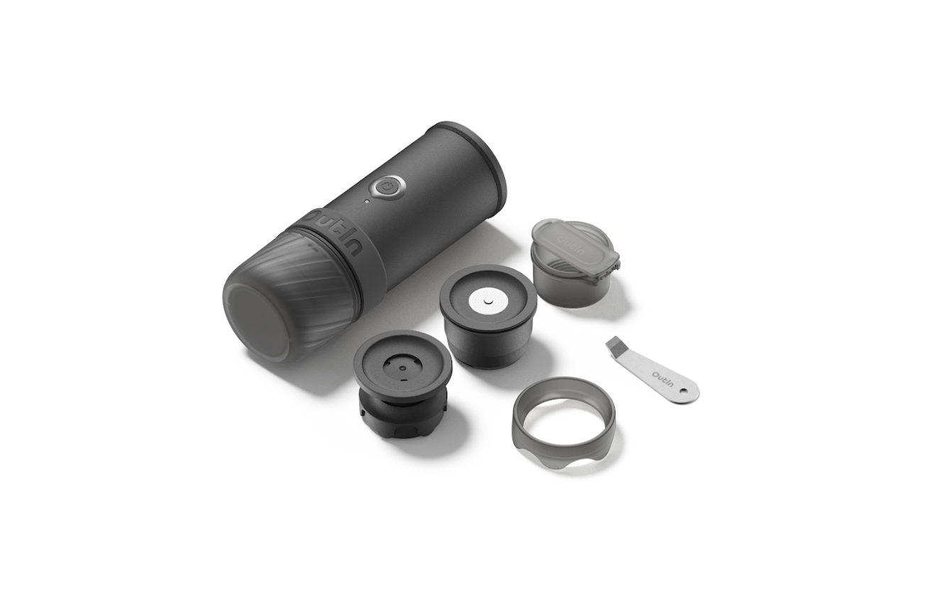 Outin Mino portable electric espresso machine in Space Grey with capsule adapter, filter basket and coffee cup