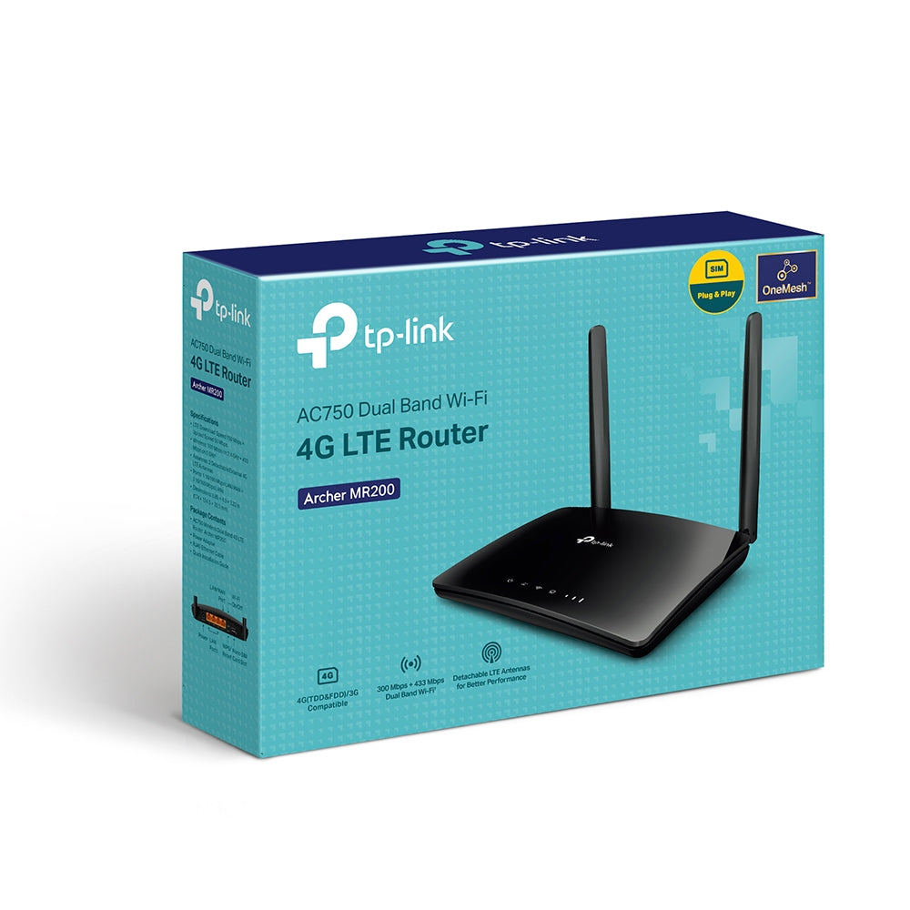 TP-Link Archer MR200 retail packaging (AC750 Dual Band Wi-Fi 4G LTE Router)