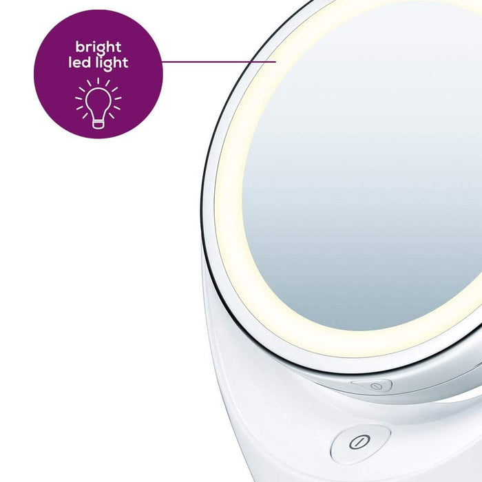 Beurer BS 49 Illuminated Cosmetics Mirror detail, bright LED light ring and touch button