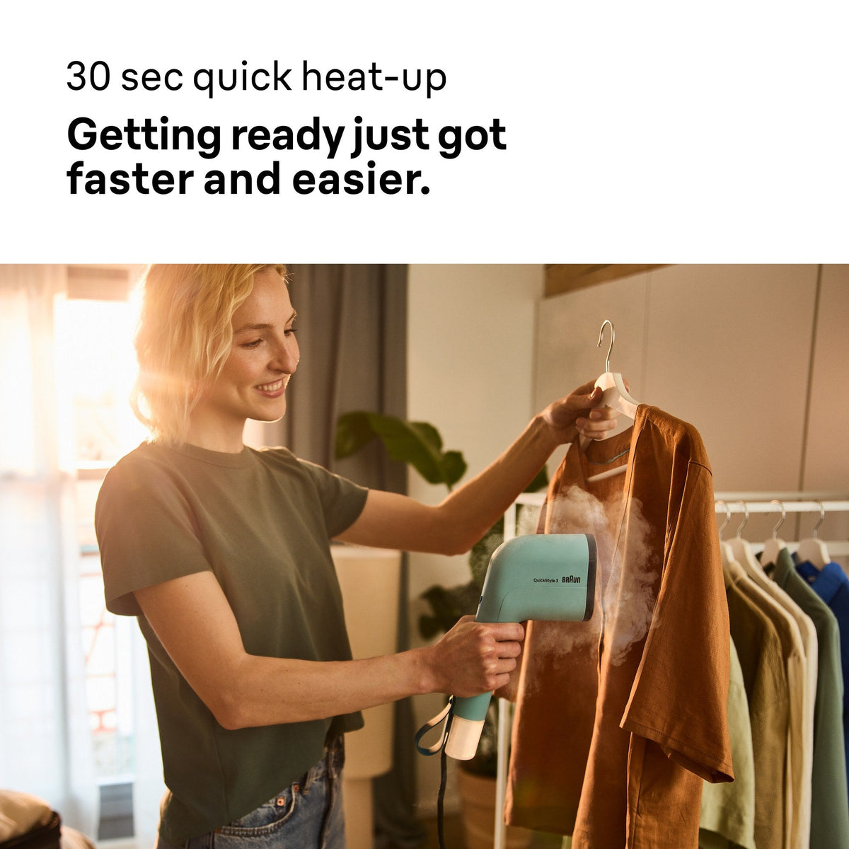 Braun QuickStyle 3 Garment Steamer - Green - 30-second heat-up, steaming a jacket on a hanger