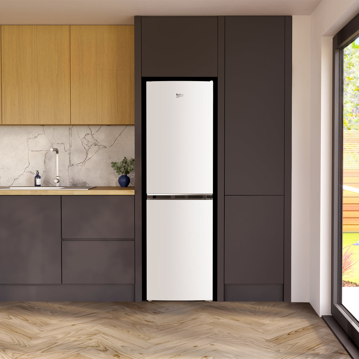 Beko 257L 60/40 Fridge Freezer with Large Salad Crisper - White - in a kitchen