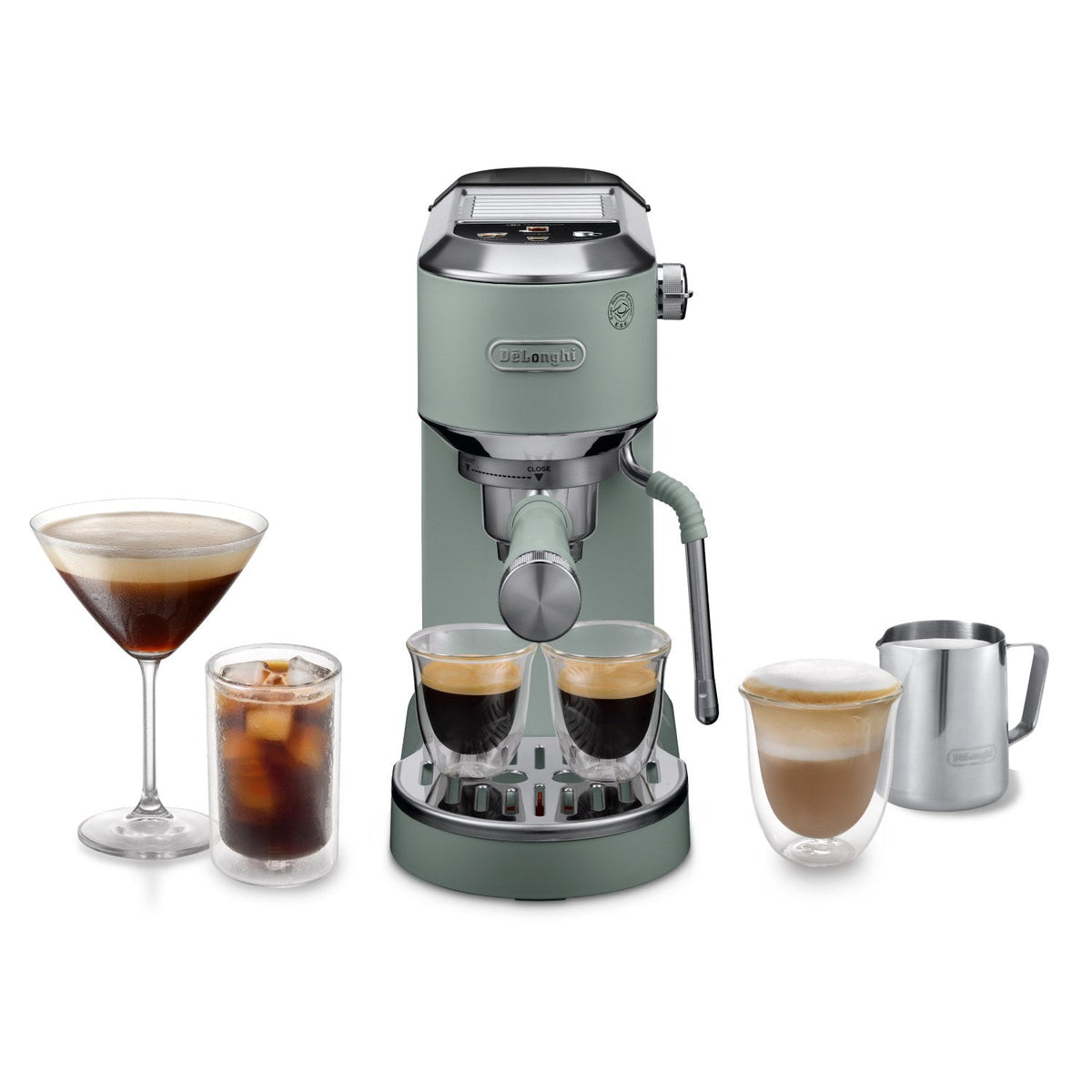 De'Longhi Dedica Duo Espresso Machine - Green - front view with espresso and cold brew drinks