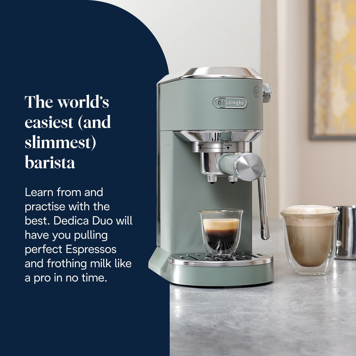 De'Longhi Dedica Duo Espresso Machine - Green - brewing an espresso