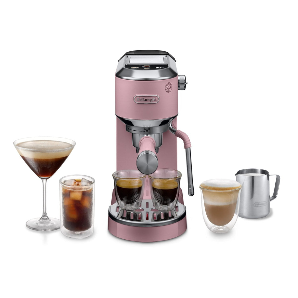 De'Longhi Dedica Duo Espresso Machine - Pink - front view with espresso and cold brew drinks