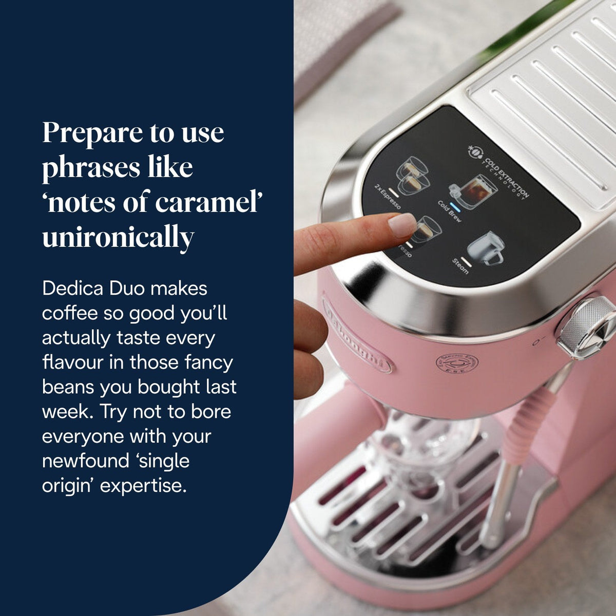 De'Longhi Dedica Duo Espresso Machine - Pink - touch control panel with coloured icons