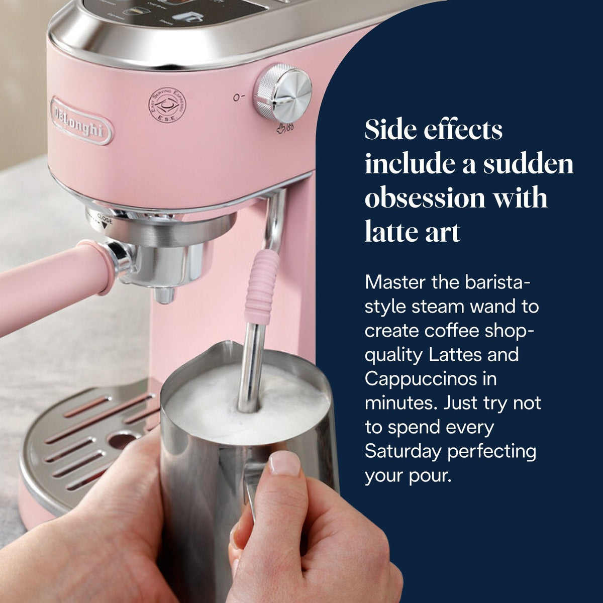 De'Longhi Dedica Duo Espresso Machine - Pink - texturing milk with the steam wand