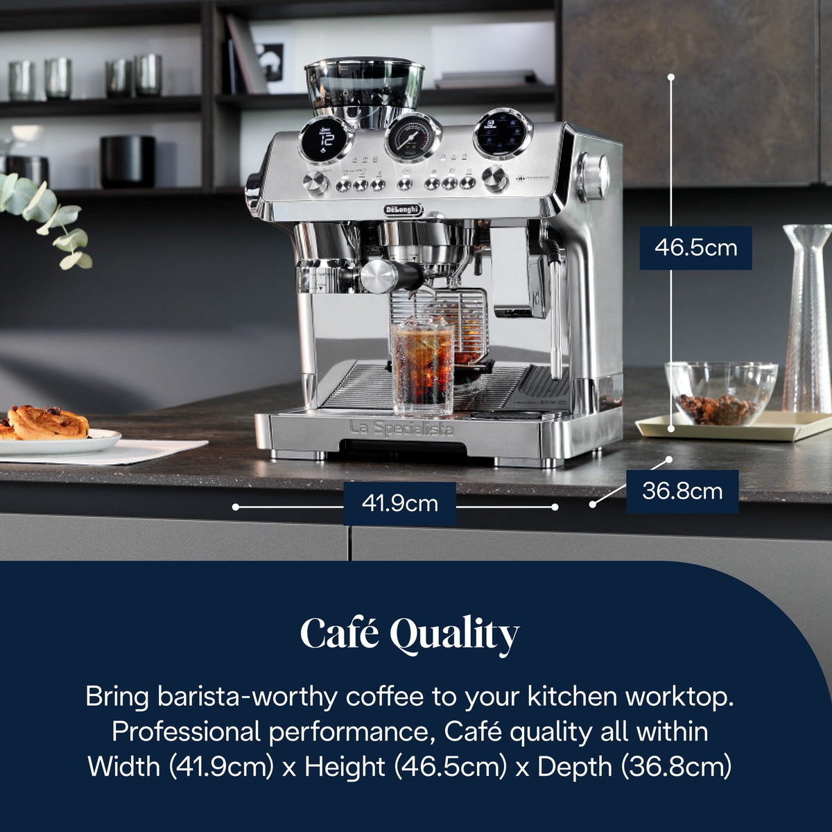 De'Longhi La Specialista Maestro Espresso Machine - Silver - dimensions on the worktop