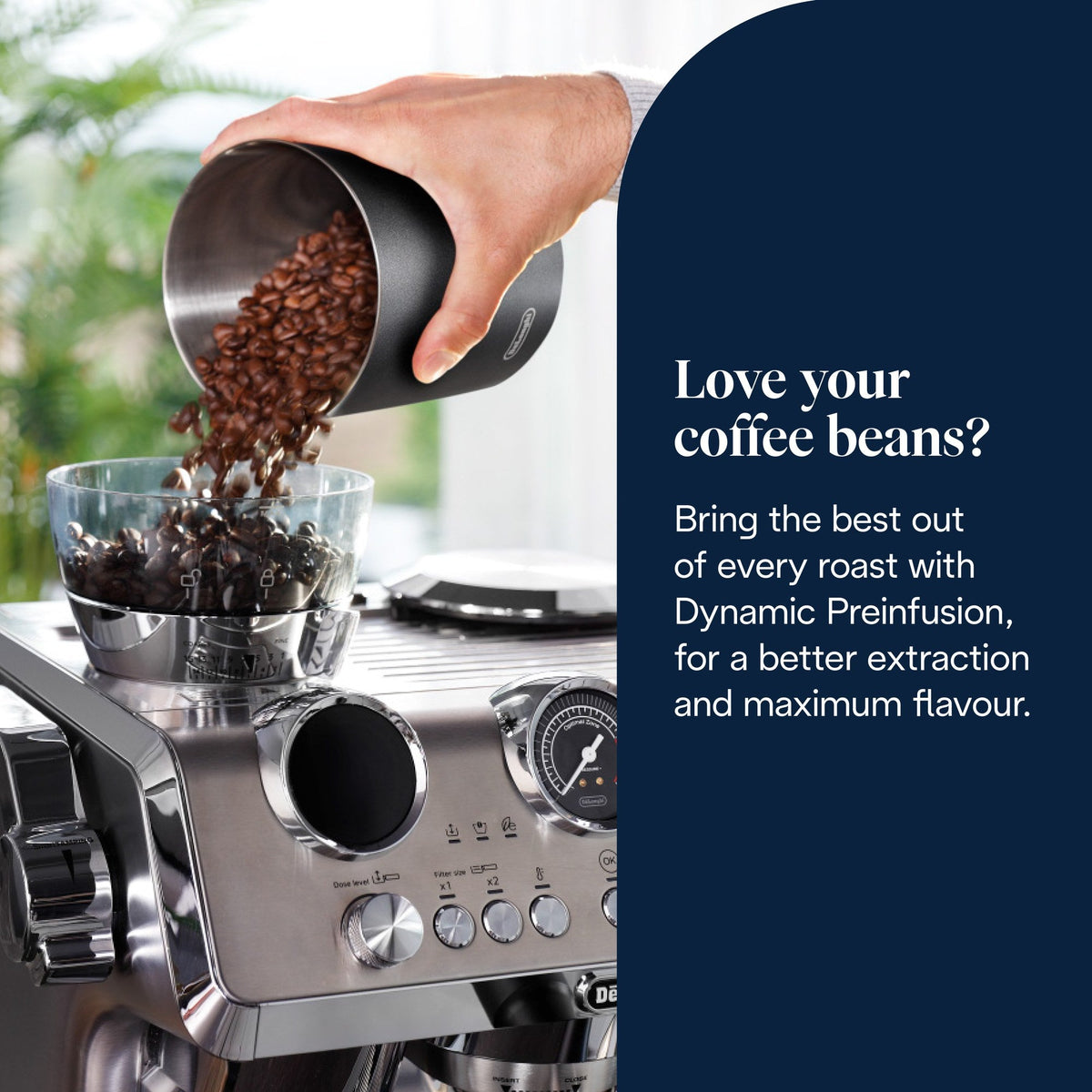 De'Longhi La Specialista Maestro Espresso Machine - Silver - filling the bean container