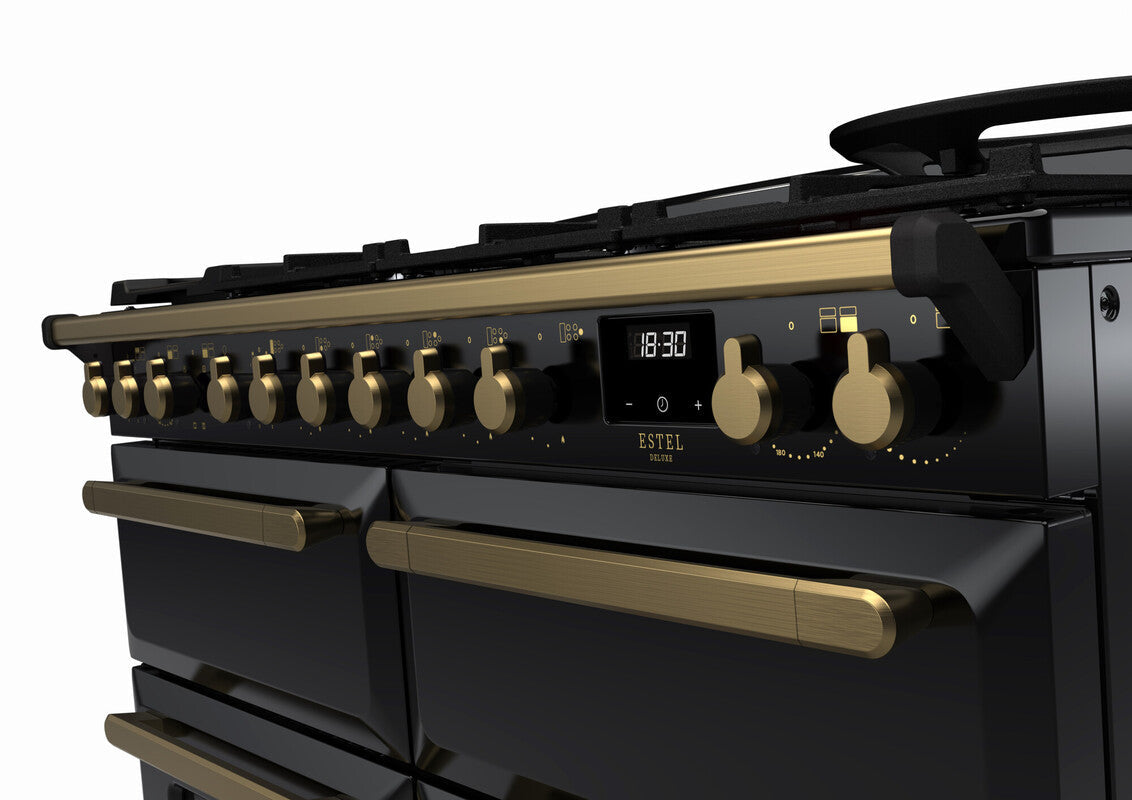 Rangemaster Estel Deluxe 110 Dual Fuel range cooker in Gloss Black with Antique Brass trim