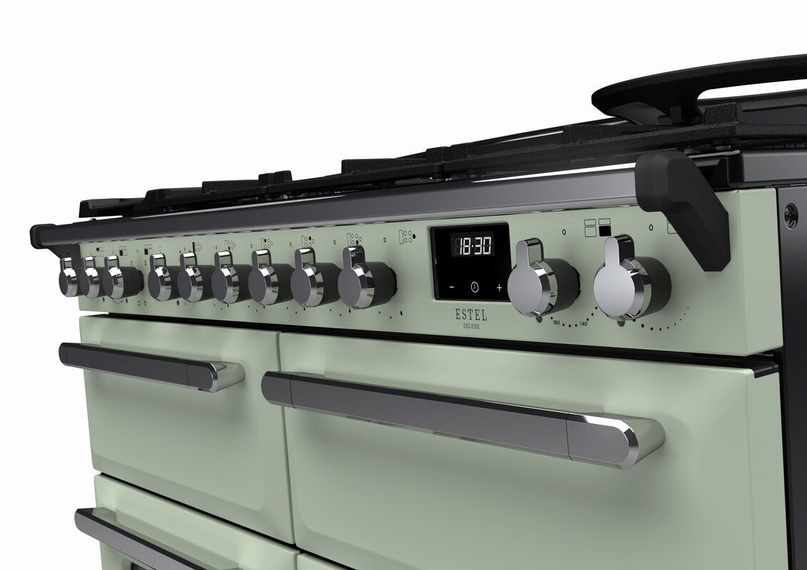 Rangemaster Estel Deluxe 110 Dual Fuel range cooker in Mint with Chrome trim