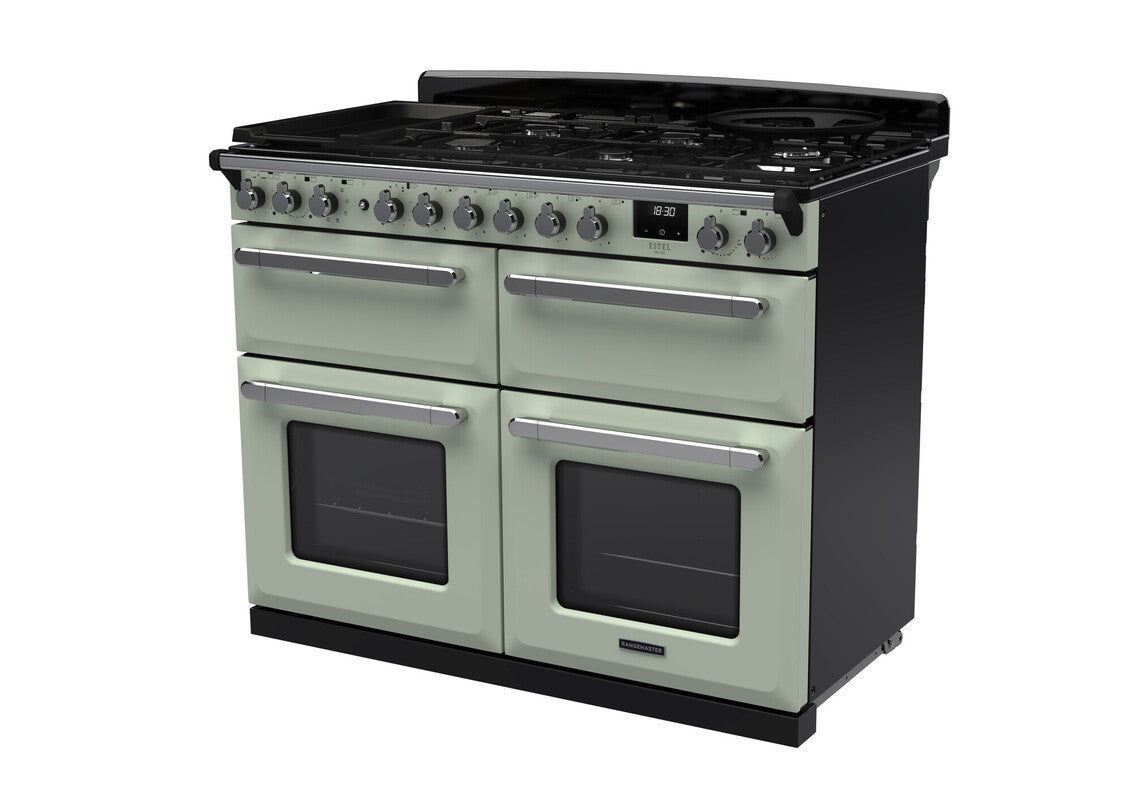 Rangemaster Estel Deluxe 110 Dual Fuel range cooker in Mint with Chrome trim