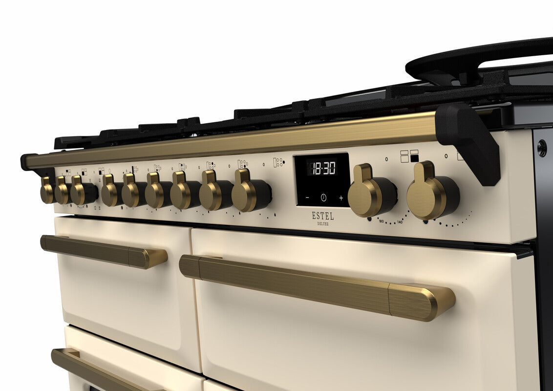 Rangemaster Estel Deluxe 110 Dual Fuel range cooker in Pale Cream with Antique Brass trim