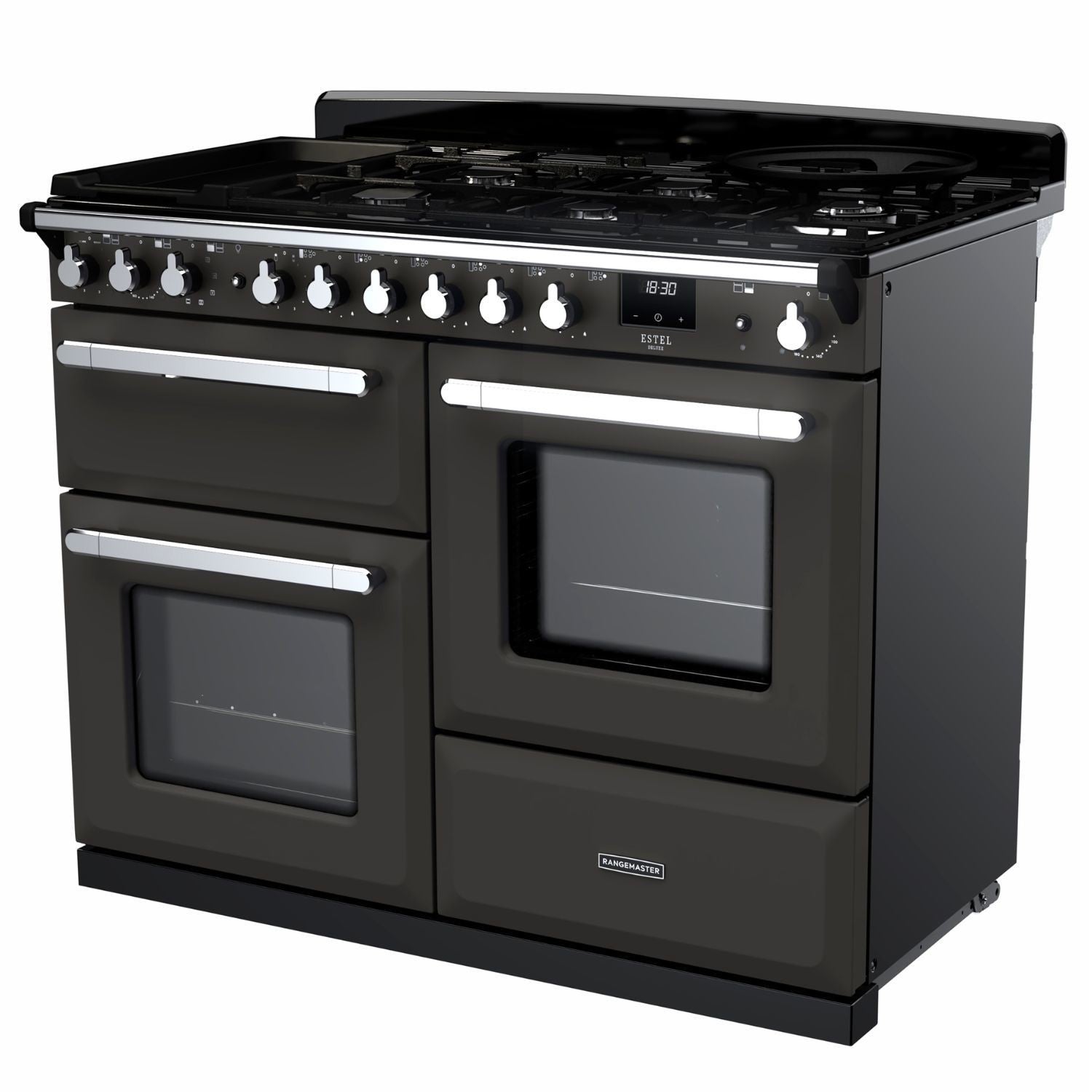 Rangemaster Estel Deluxe 110 Dual Fuel range cooker in Slate with Chrome trim