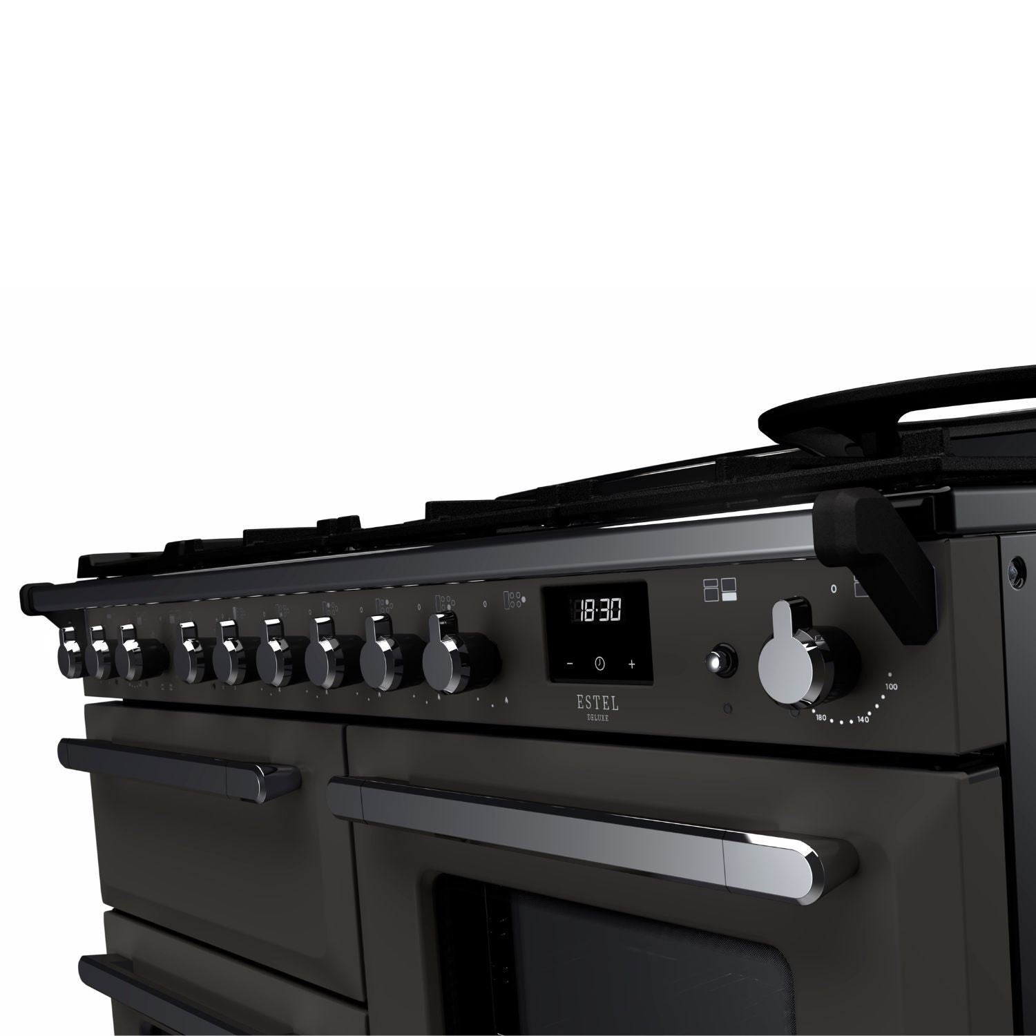 Rangemaster Estel Deluxe 110 Dual Fuel range cooker in Slate with Chrome trim