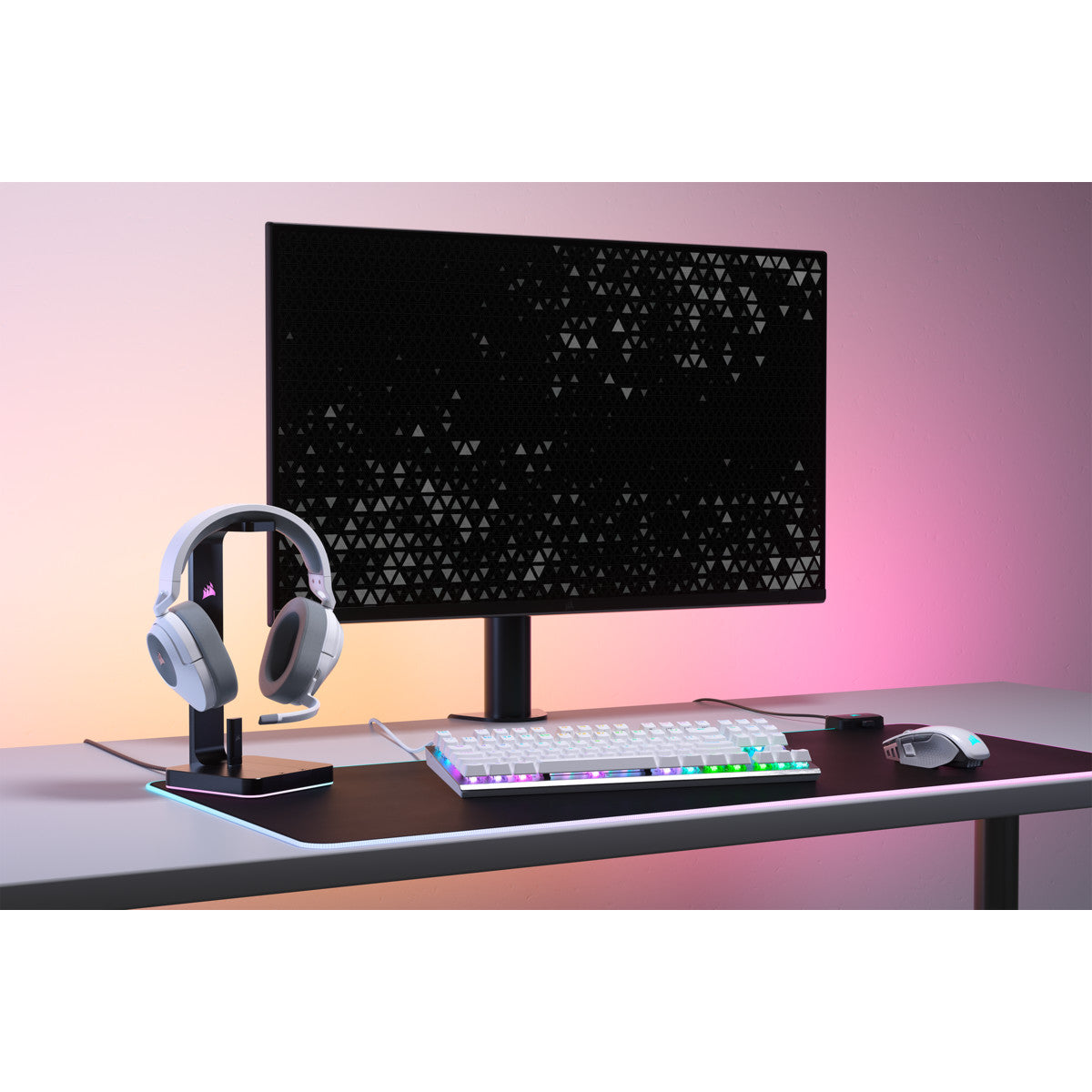 Corsair HS55 Wireless Gaming Headset - White - on a headset stand