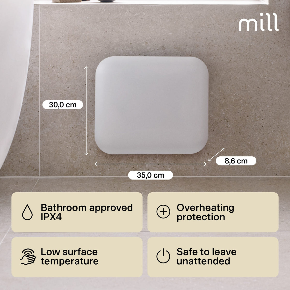 Mill Invisible 250W Panel Heater - White - dimensions and safety features