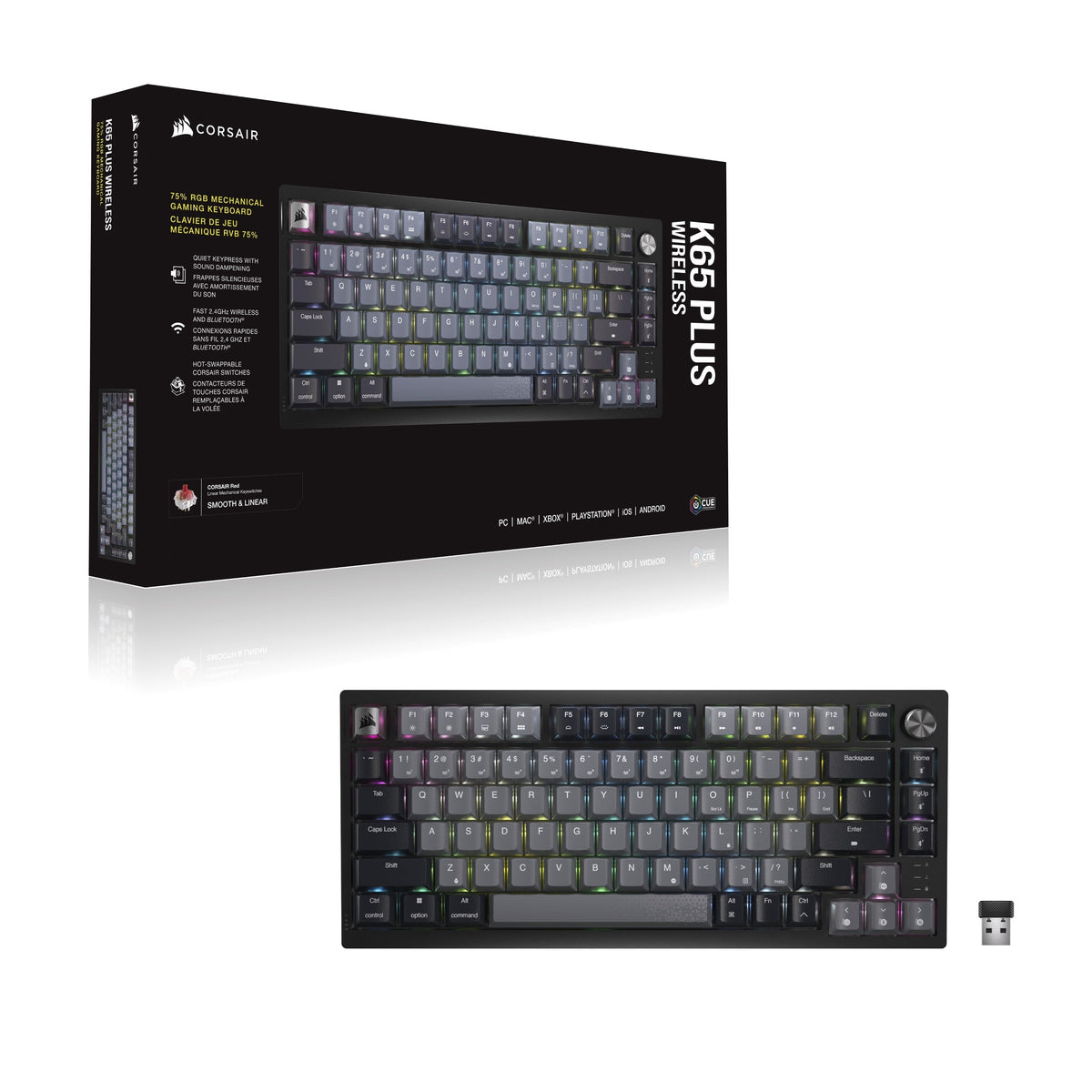Corsair K65 Plus Wireless 75% RGB Mechanical Gaming Keyboard, UK Layout - Midnight Grey - with retail box and USB receiver