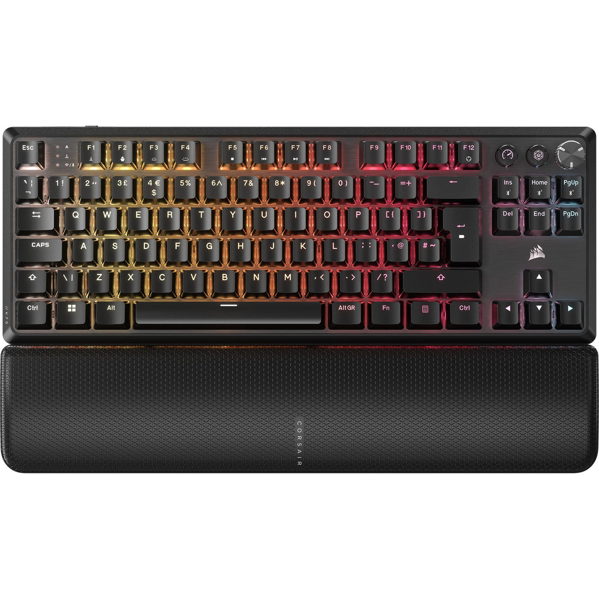Corsair K70 Core TKL Wireless RGB Mechanical Gaming Keyboard, UK Layout - Black - front view with palm rest, UK layout
