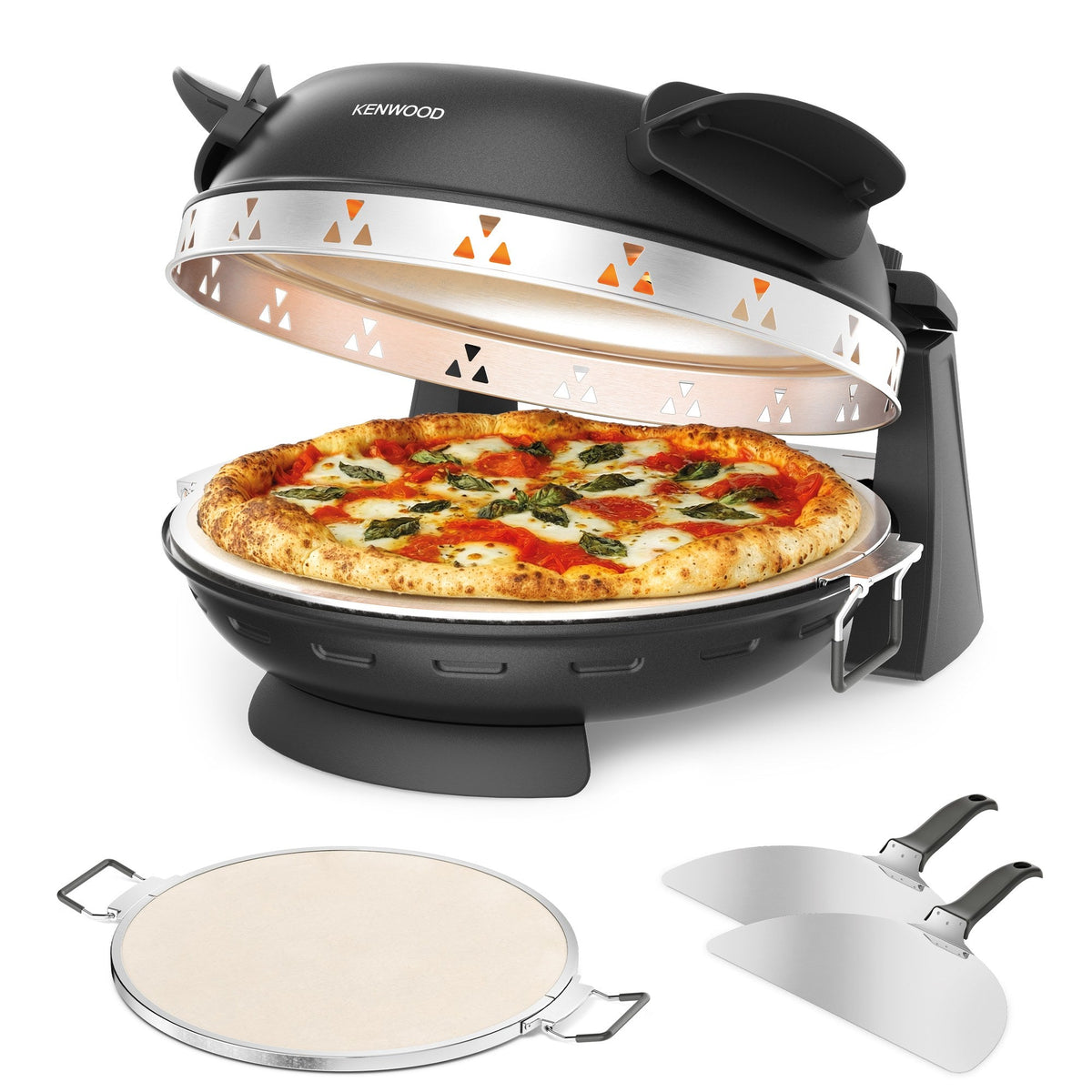Kenwood My Pizzeria Pizza Oven - Black - open lid with pizza, stone and peels