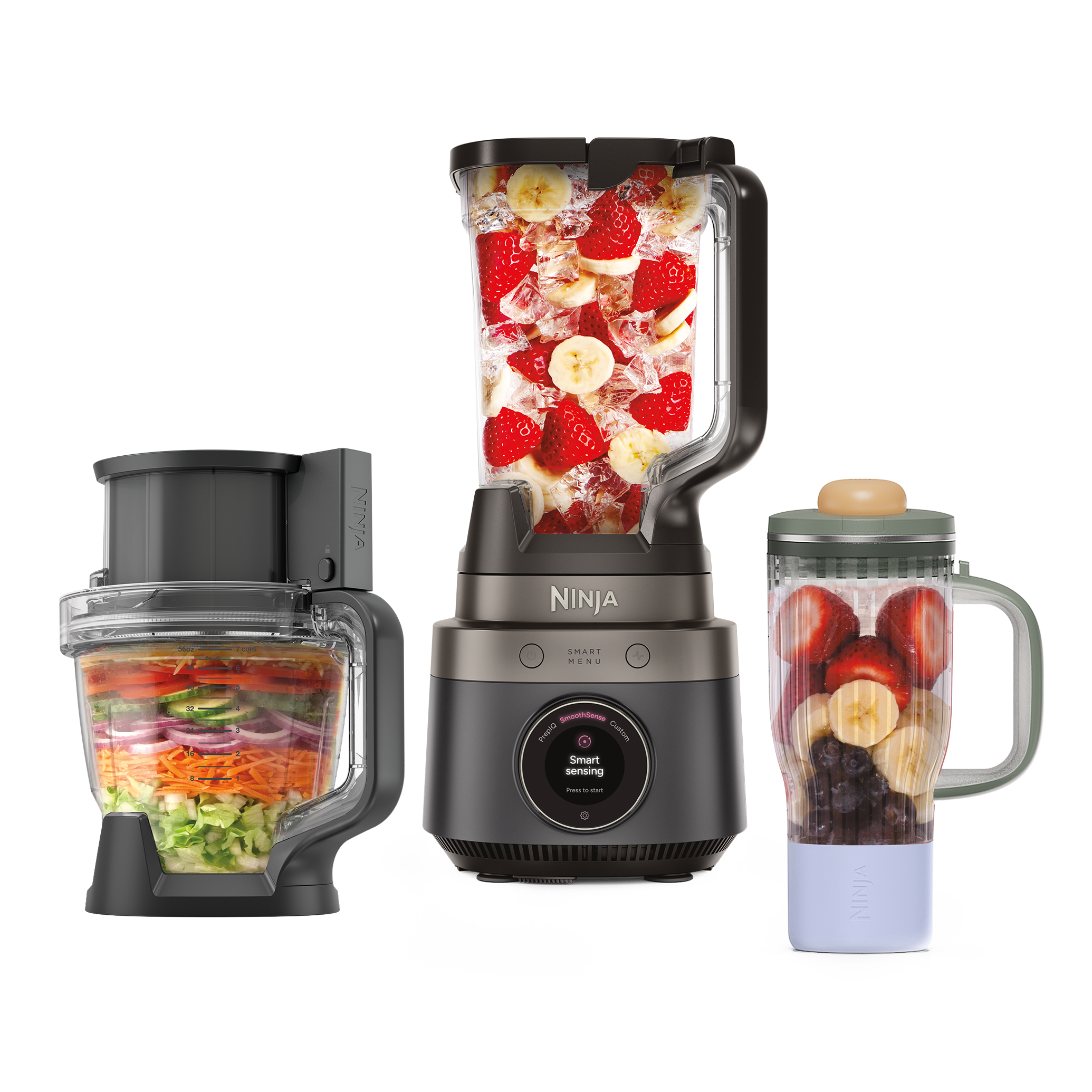 Ninja CrushBOSS 3-in-1 Kitchen System with Food Processor & Tumbler in Onyx — food processor, blender jug and tumbler, front view