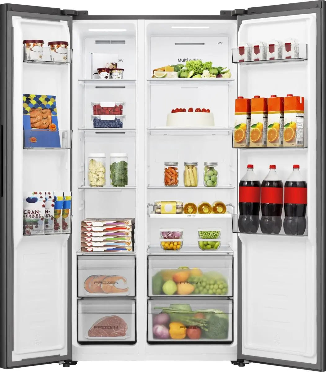 Hisense Hi3 544L Side by Side Fridge Freezer with PureFlat Design - Black - in a kitchen