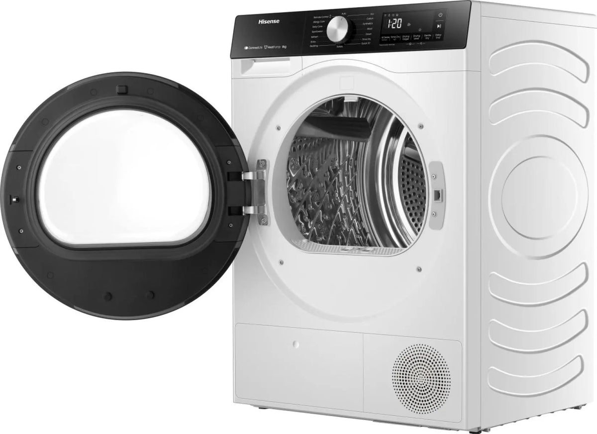 Hisense 3S Series 8kg Heat Pump Tumble Dryer - White - door open, angled