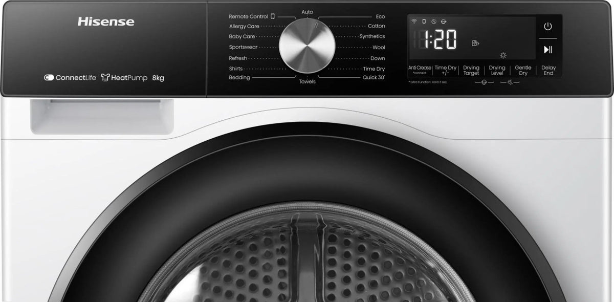 Hisense 3S Series 8kg Heat Pump Tumble Dryer - White - control panel and display