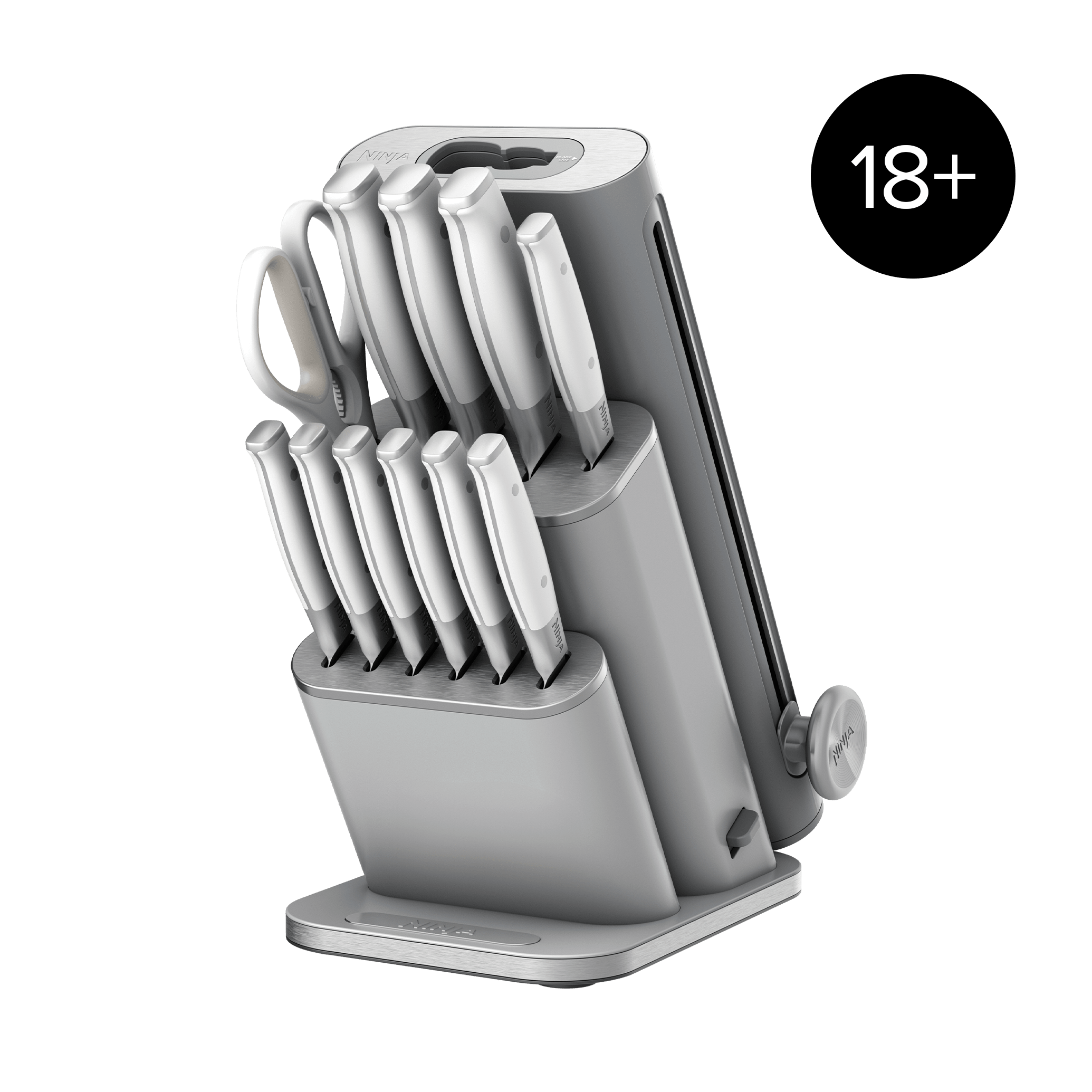 Ninja StaySharp 13-Piece Knife Block Set & Removable Sharpener in White/Grey — full set in block, angled view