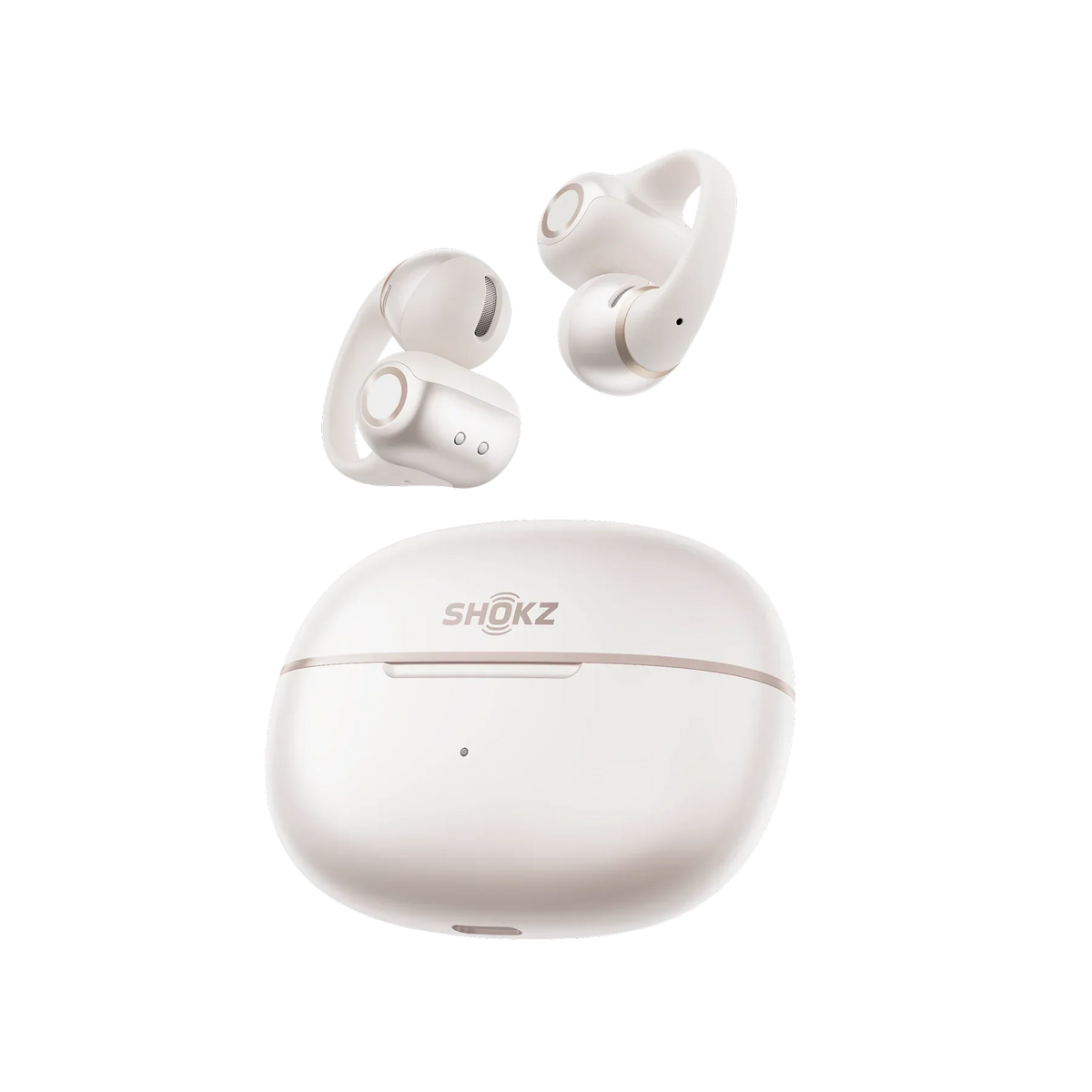 Shokz OpenDots 2 Open-Ear Clip-On Earbuds - Pearl White - earbuds above the charging case