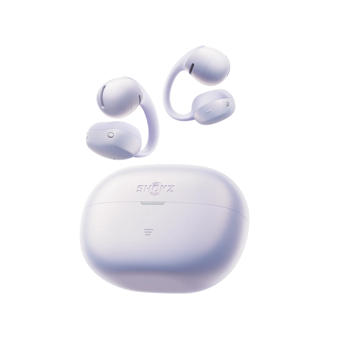 Shokz OpenDots Air Open-Ear Clip-On Earbuds - Daybreak Purple - earbuds above the charging case