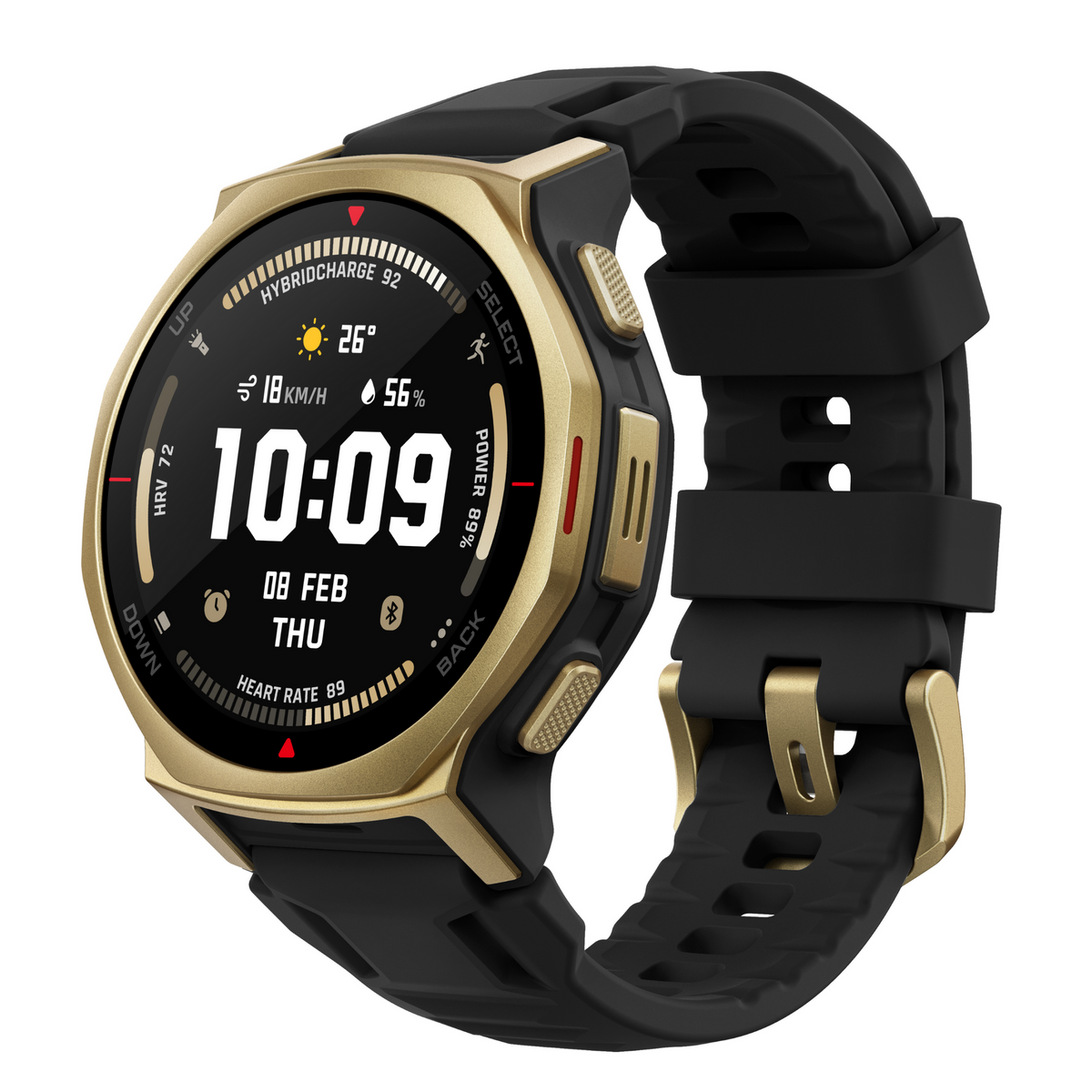 Amazfit T-Rex 3 Pro 44mm Smartwatch - Black Gold - angled view, strap