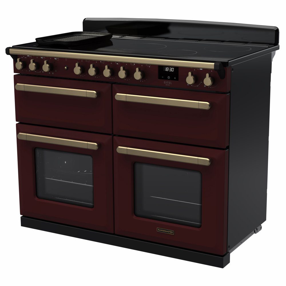 Rangemaster Estel Deluxe 110 Induction range cooker in Bordeaux with Antique Brass trim