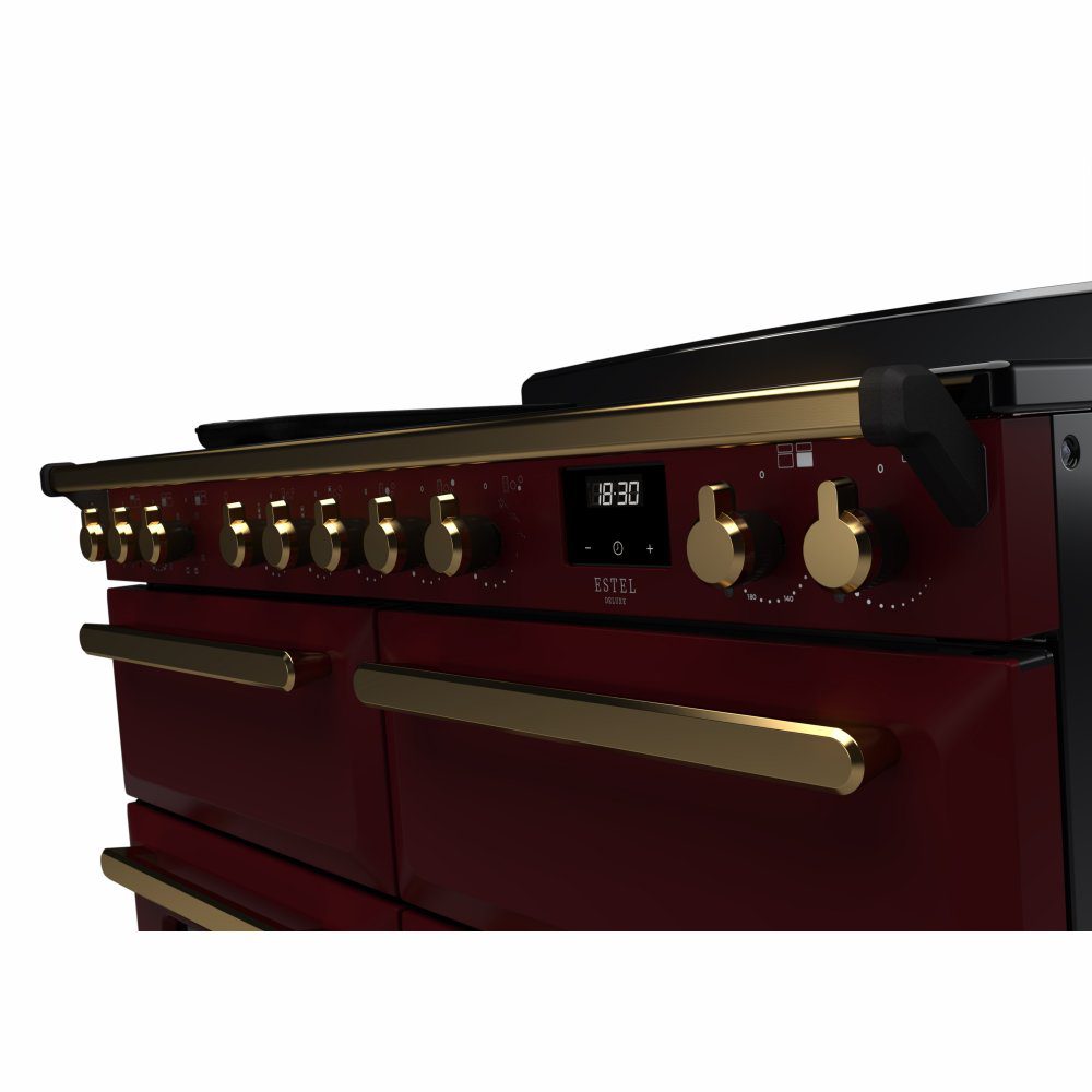 Rangemaster Estel Deluxe 110 Induction range cooker in Bordeaux with Antique Brass trim