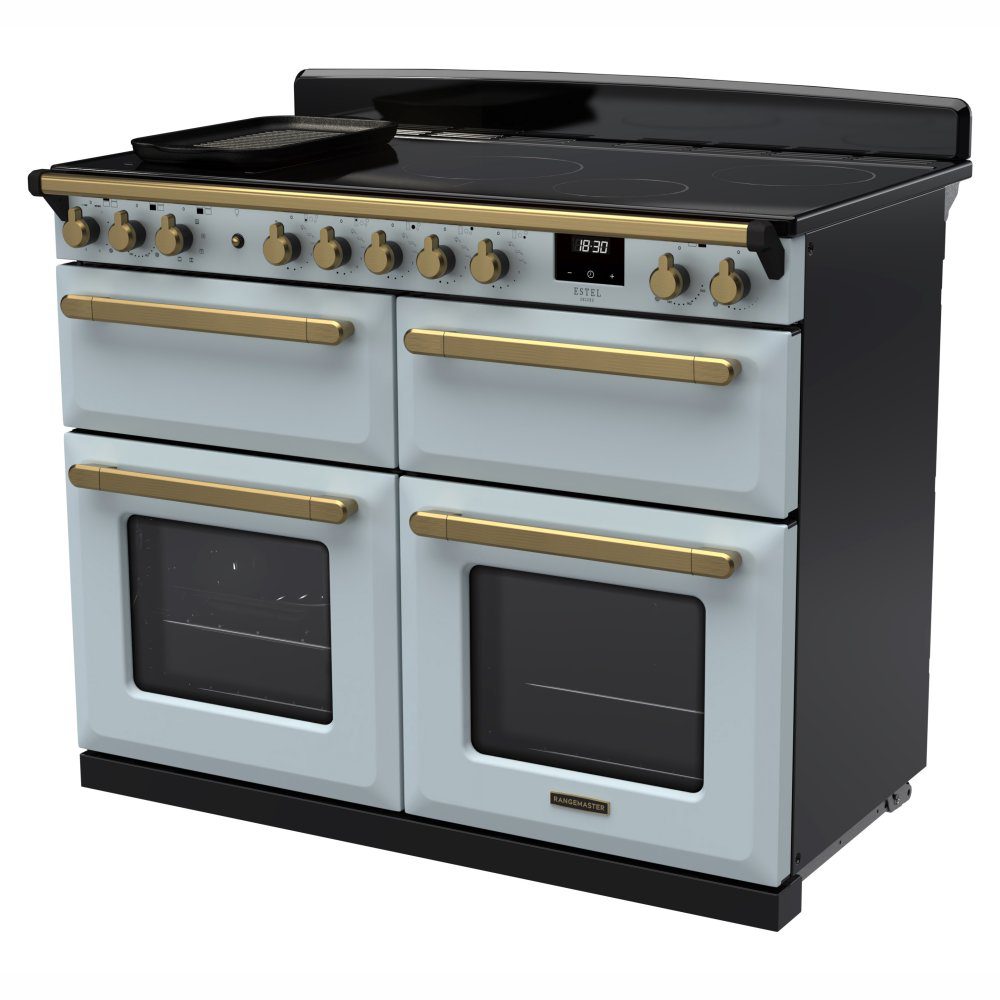 Rangemaster Estel Deluxe 110 Induction range cooker in Misty Blue with Antique Brass trim