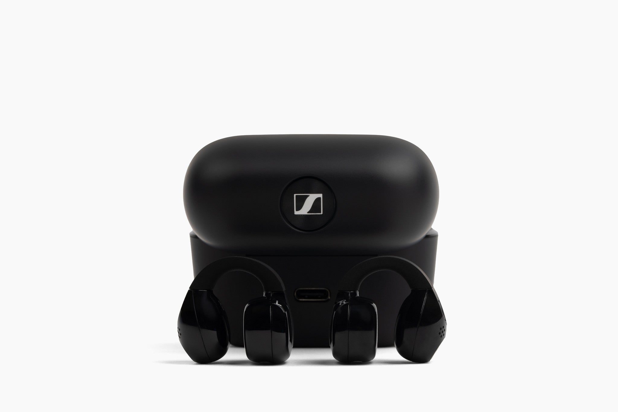 Sennheiser ACCENTUM Clip Open-Ear Earphones Black — back of case showing Sennheiser logo