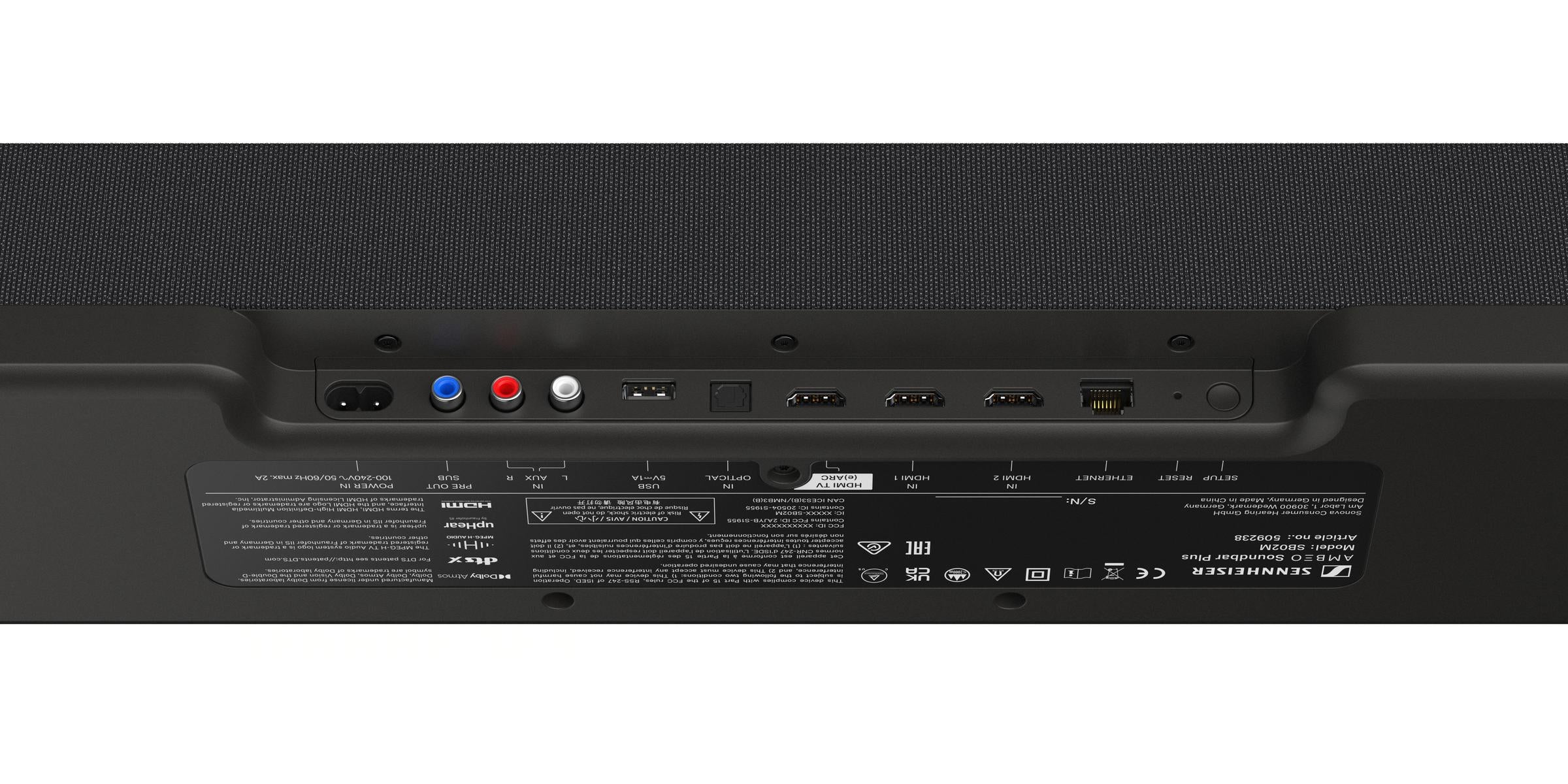 Sennheiser AMBEO Soundbar Plus Black — rear view showing Ethernet, HDMI, optical, USB, AUX and subwoofer-out ports