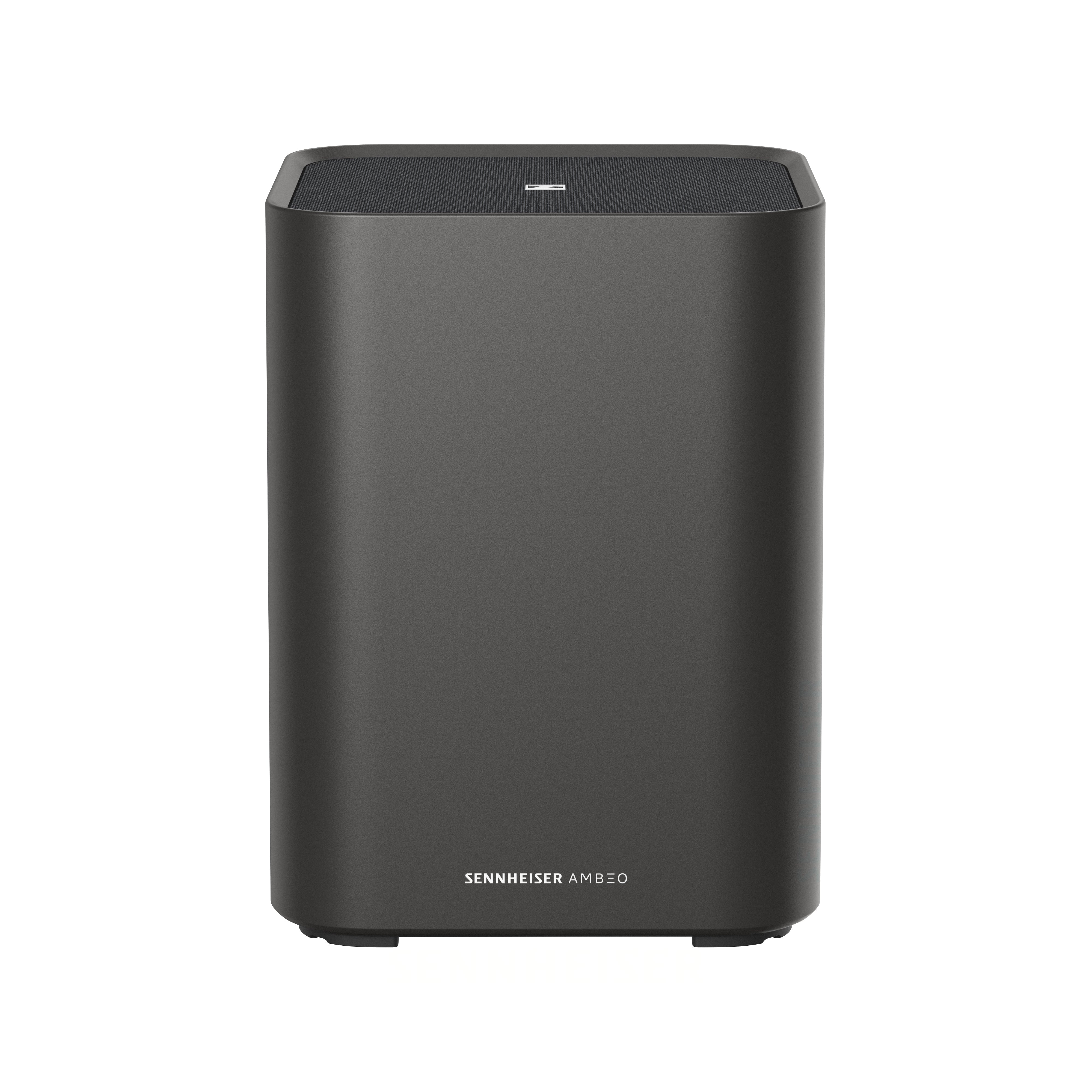 Sennheiser AMBEO Sub Wireless Subwoofer Black — front view showing "SENNHEISER AMBEO" wordmark